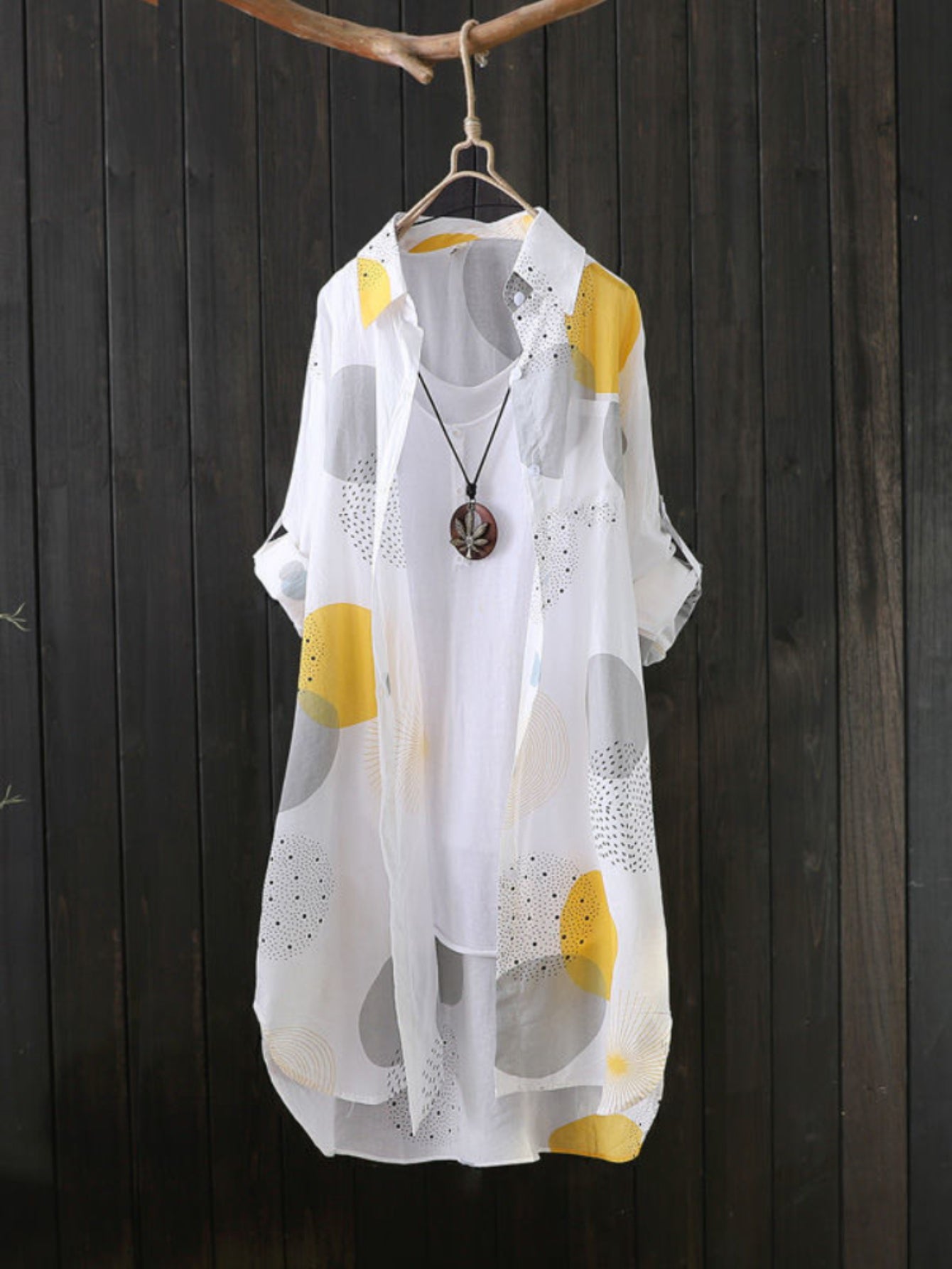 gbolsos Allover Print Button Front Blouse, Casual Long Sleeve Thigh Length Blouse For Spring & Fall, Women's Clothing