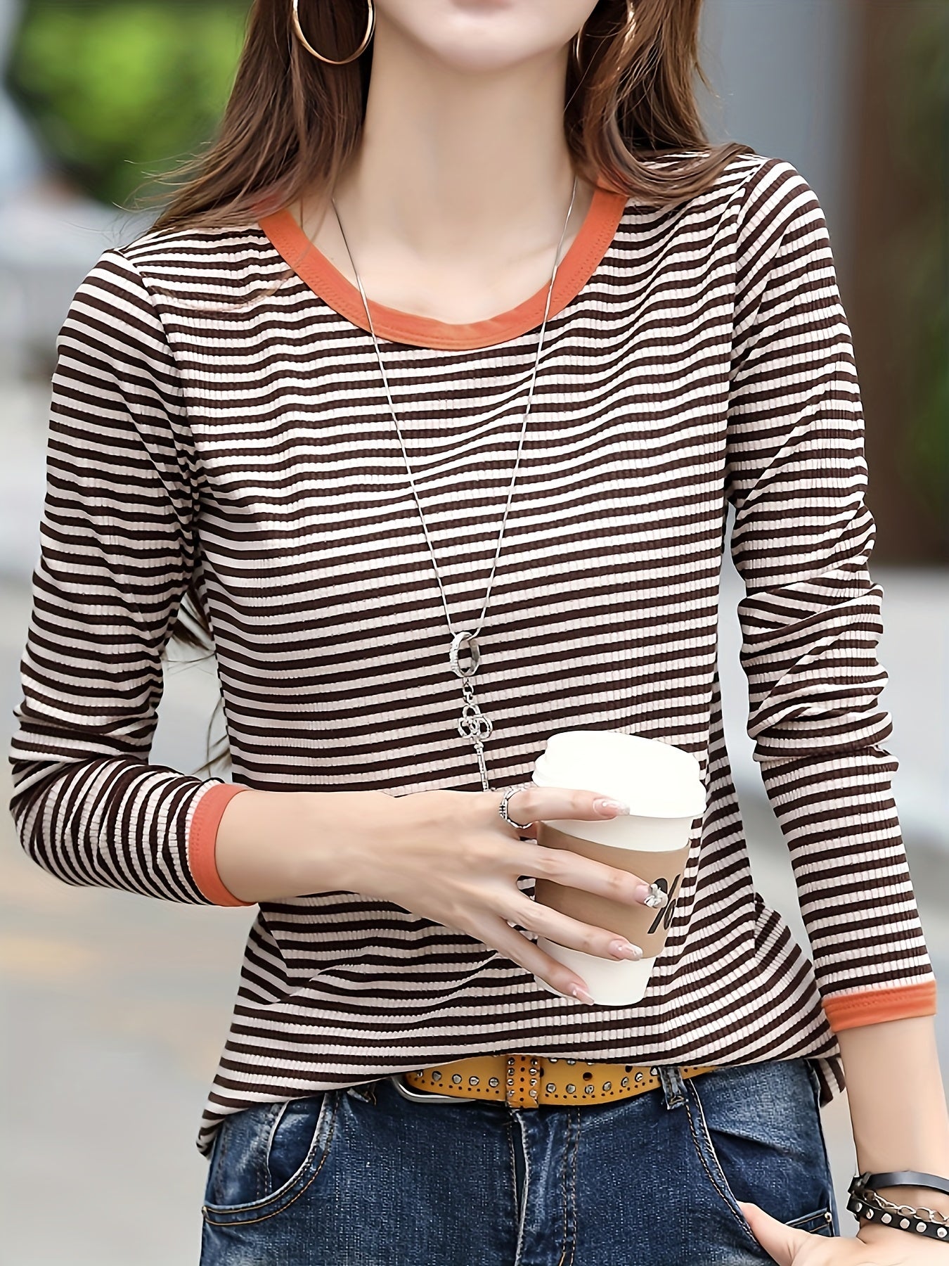 gbolsos Women's Striped Crew Neck T-Shirt, Casual Long Sleeve T-Shirt, Casual Every Day Tops, Women's Clothing