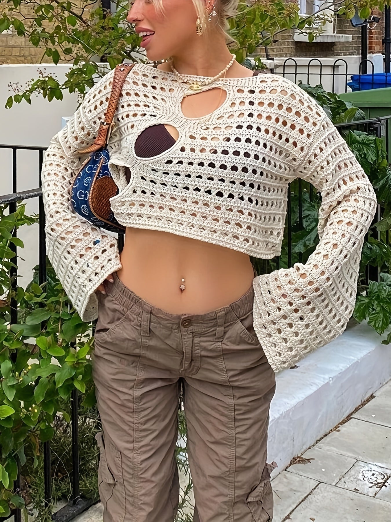 gbolsos Y2K Crochet Crop Top, Long Sleeve Solid Casual Top, Women's Clothing