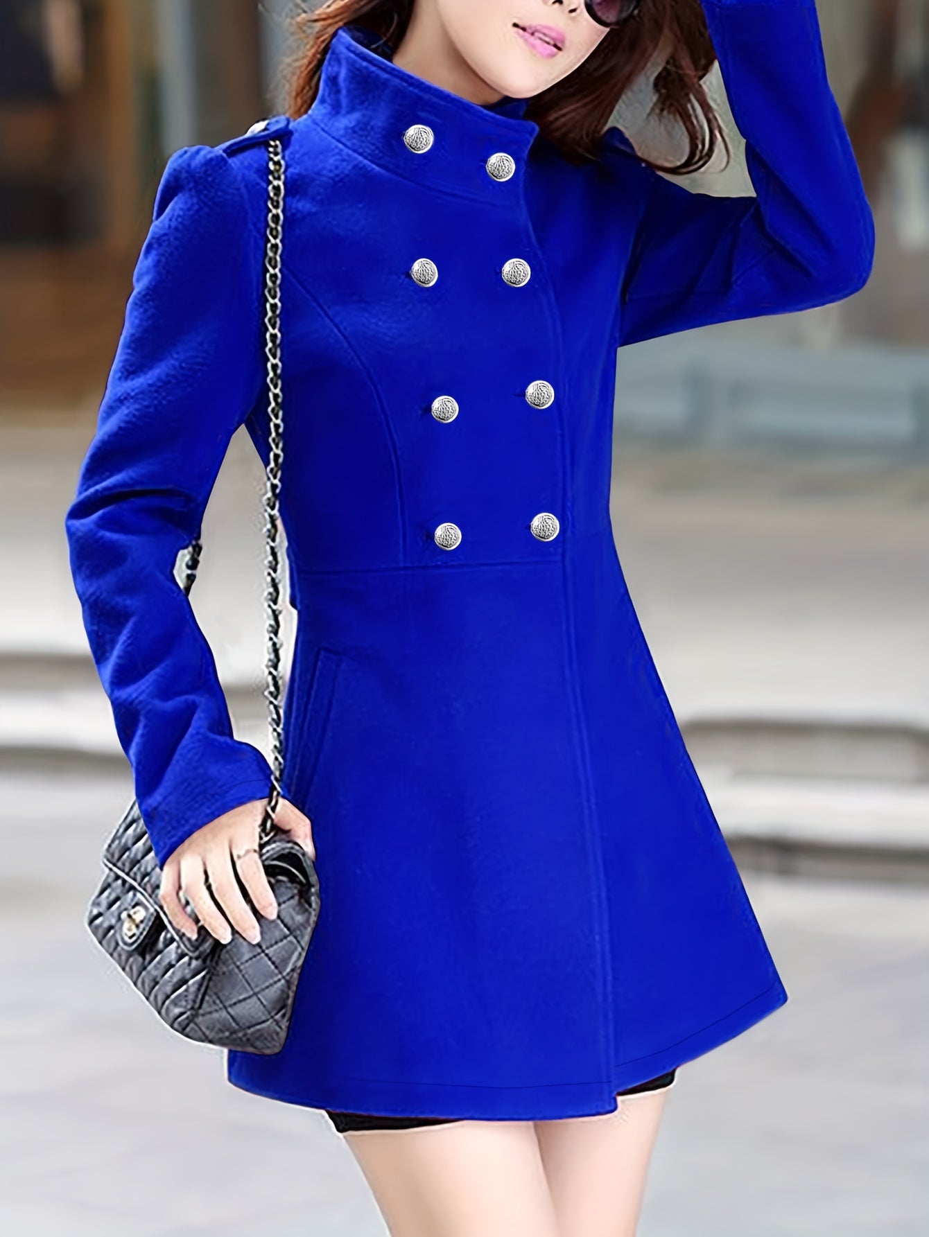 gbolsos Double Breasted Flared Hem Coat, Casual Solid Long Sleeve Outerwear, Women's Clothing