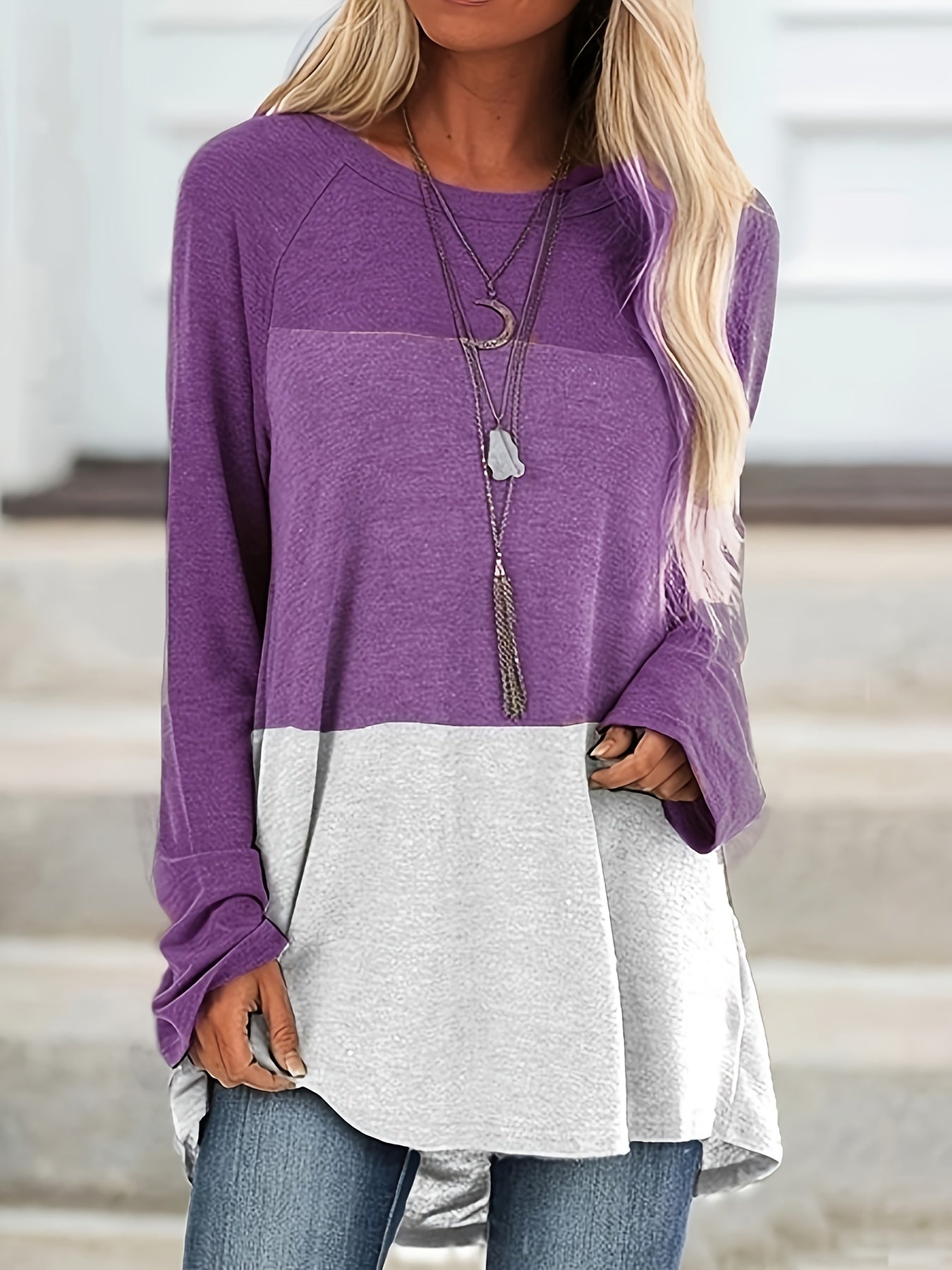 solvbao Plus Size Casual Top, Women's Plus Colorblock Long Sleeve Round Neck Medium Stretch Top
