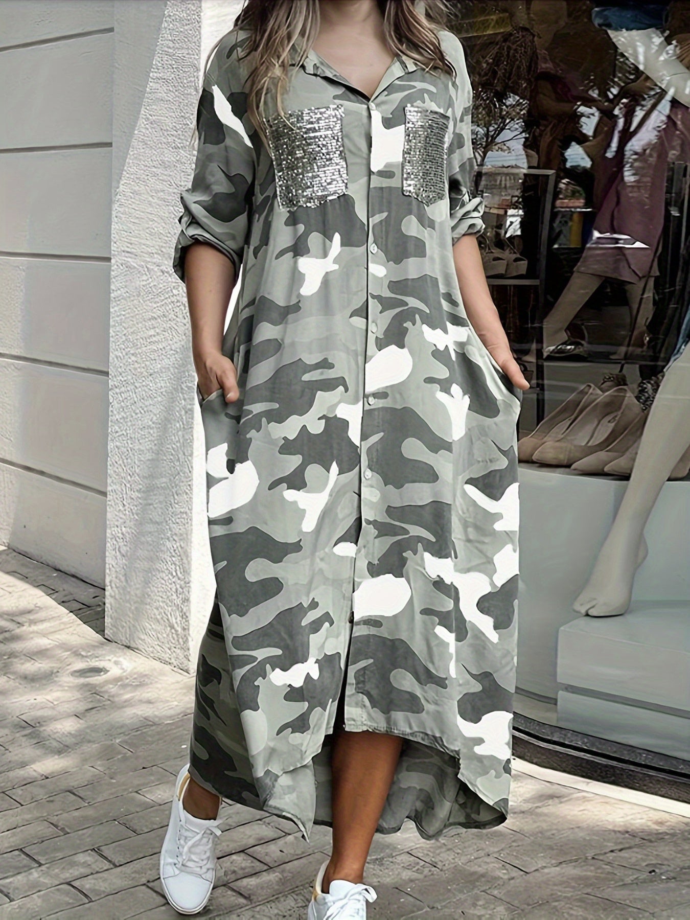 gbolsos Camo Print Shirt Dress, Casual Button Front Long Sleeve Collar Dress, Women's Clothing