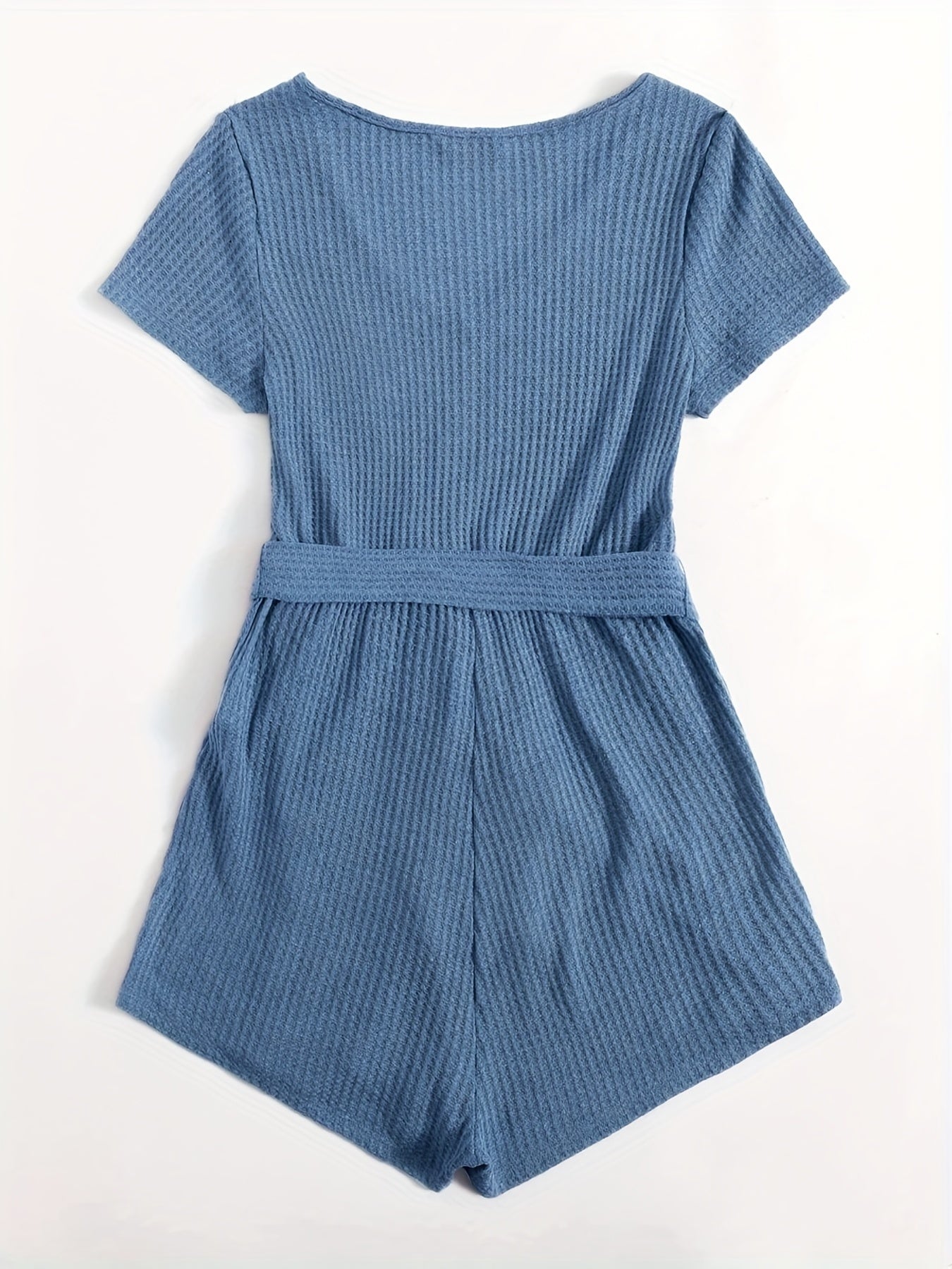 elveswallet Waffle Knit Short Sleeve Jumpsuit, V Neck Casual Jumpsuit For Summer & Spring, Women's Clothing