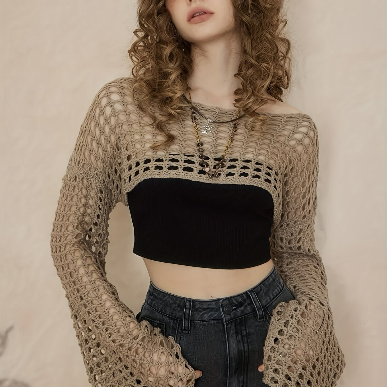 gbolsos Solid Hollow Out Crochet Coverup, Casual Boat Neck Bell Sleeve Crop Sweater, Women's Clothing