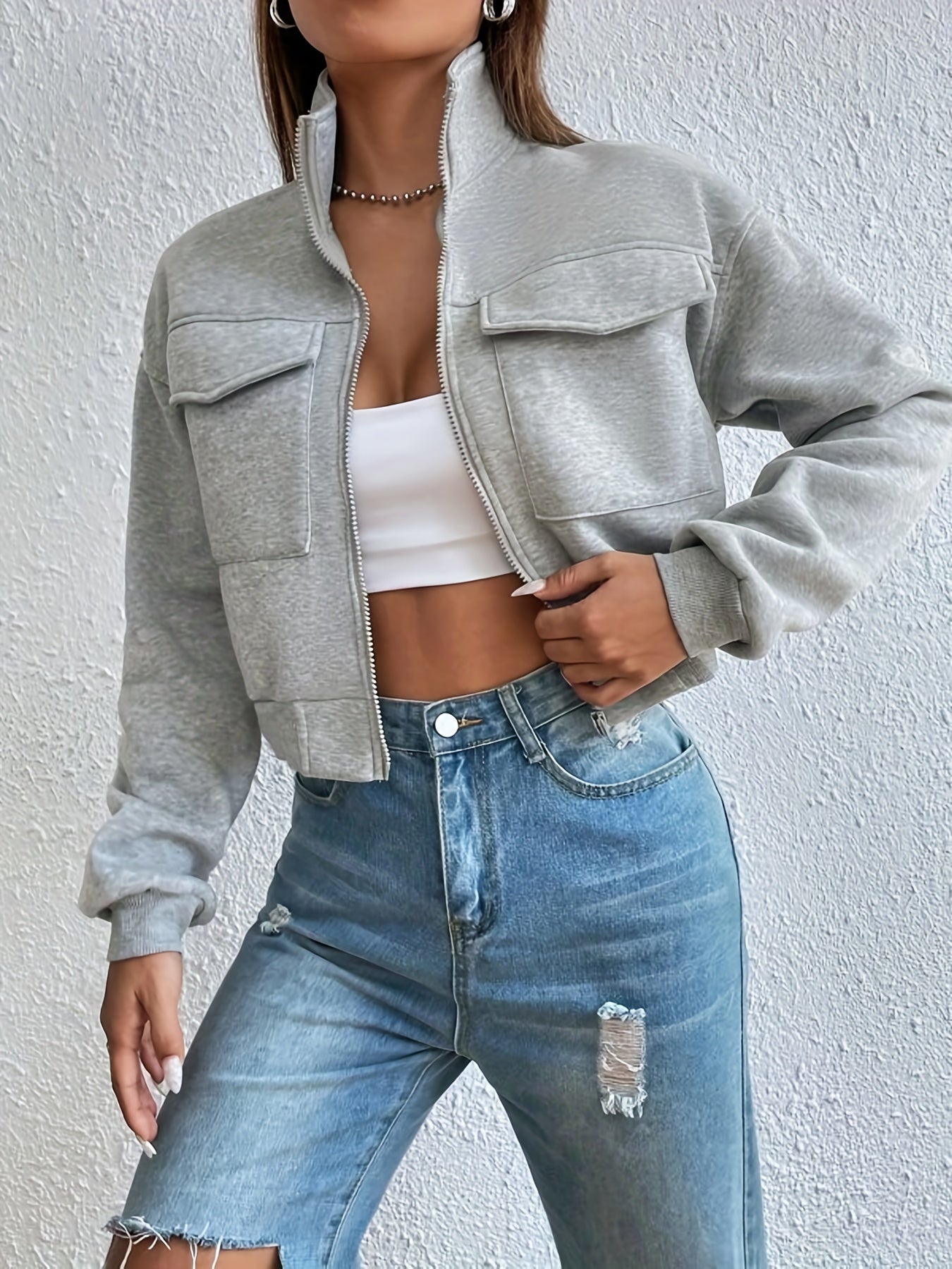 gbolsos Zip Front Flap Pockets Jacket, Casual Turtleneck Crop Jacket For Fall, Women's Clothing