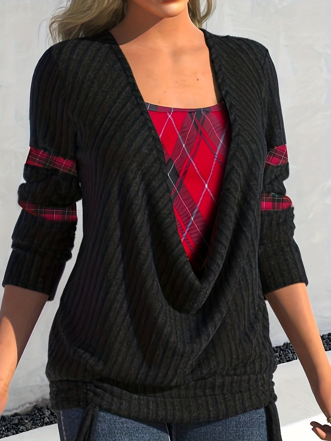 Plus Size Casual Top, Women's Plus Colorblock Plaid Print Ribbed Long Sleeve Cowl Neck Medium Stretch Top