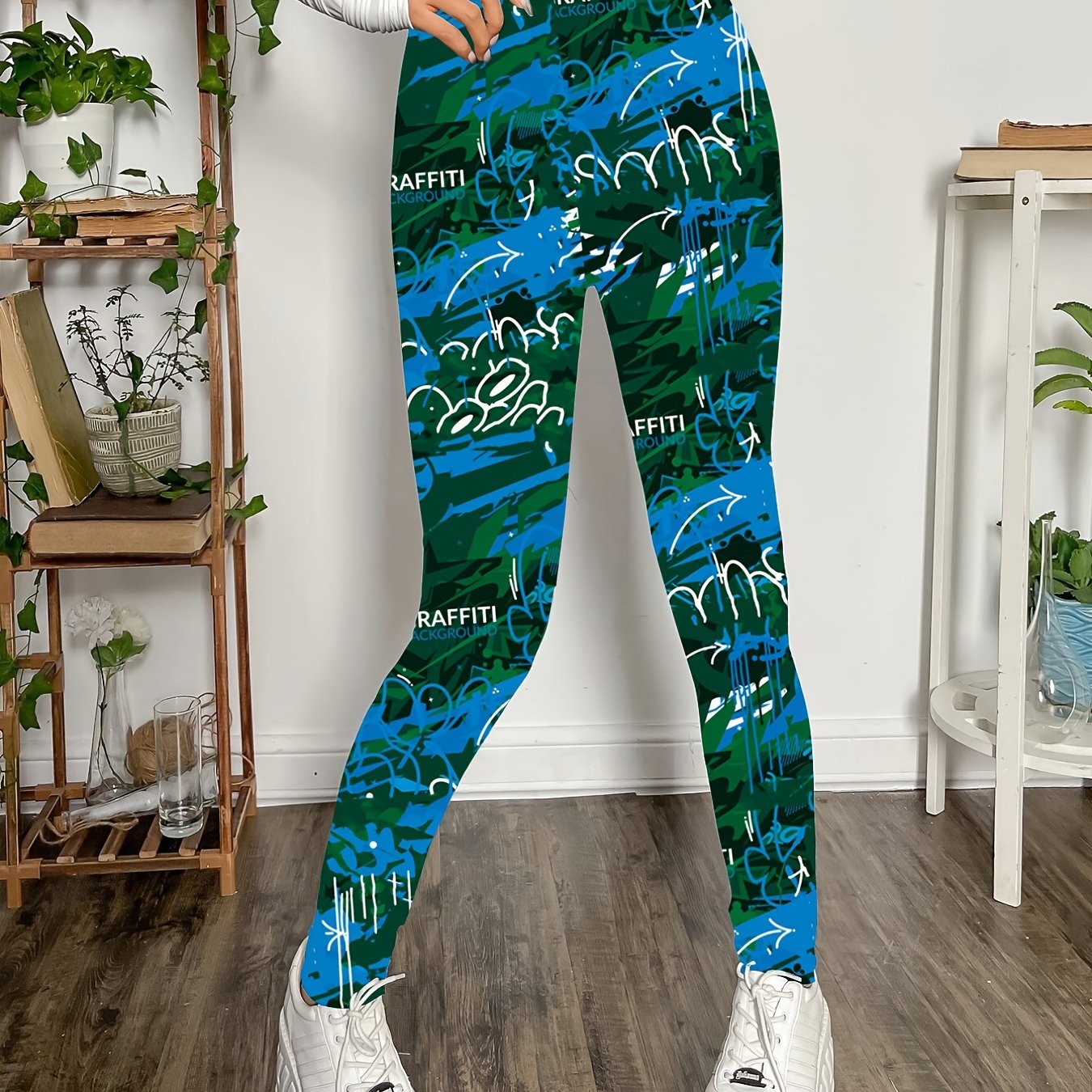 gbolsosGraffiti Print Skinny Leggings, Casual Every Day Stretchy Leggings, Women's Clothing