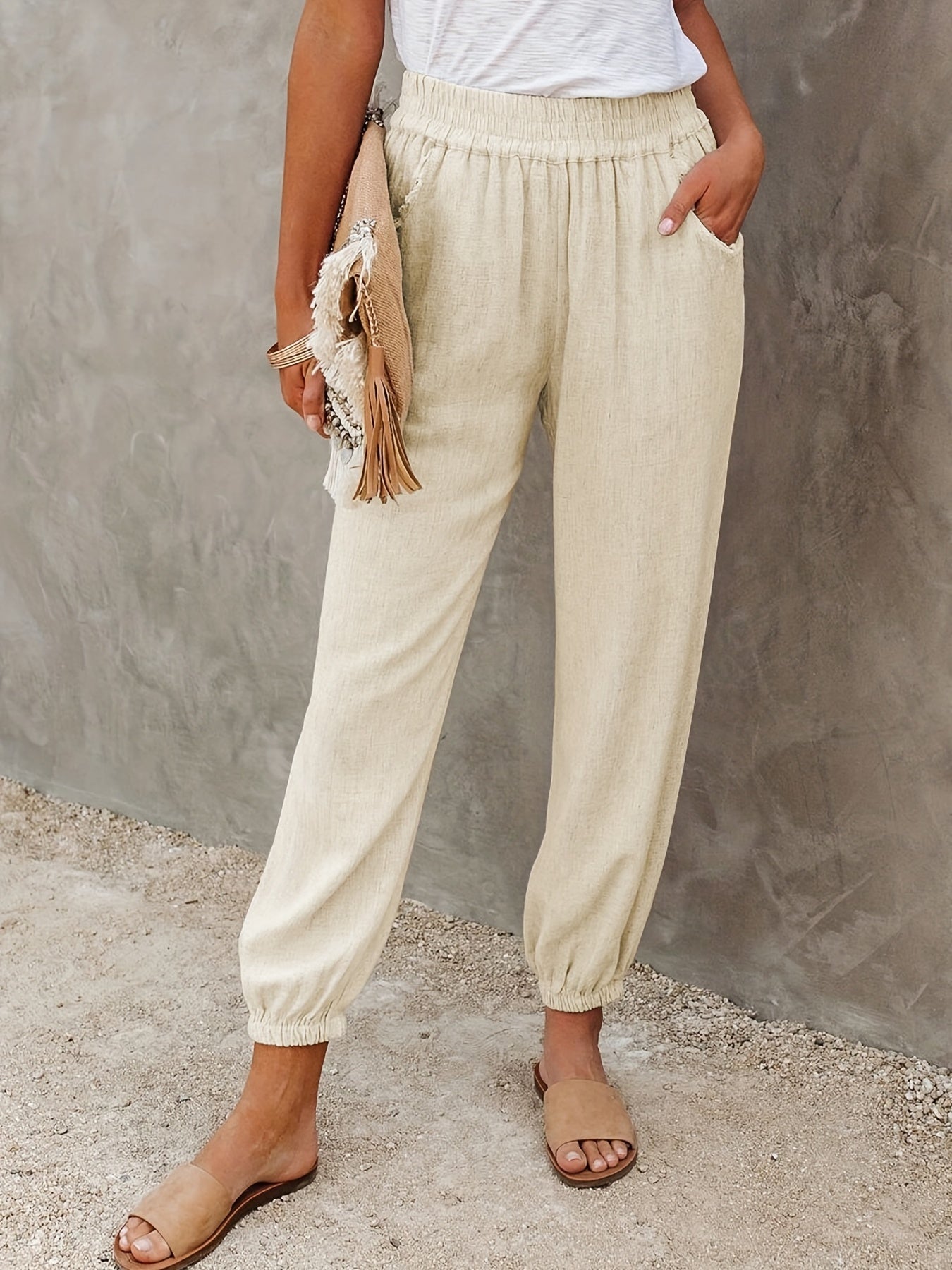 gbolsos Solid Ruched Pants, Casual Elastic High Waist Cropped Pants With Pockets, Women's Clothing
