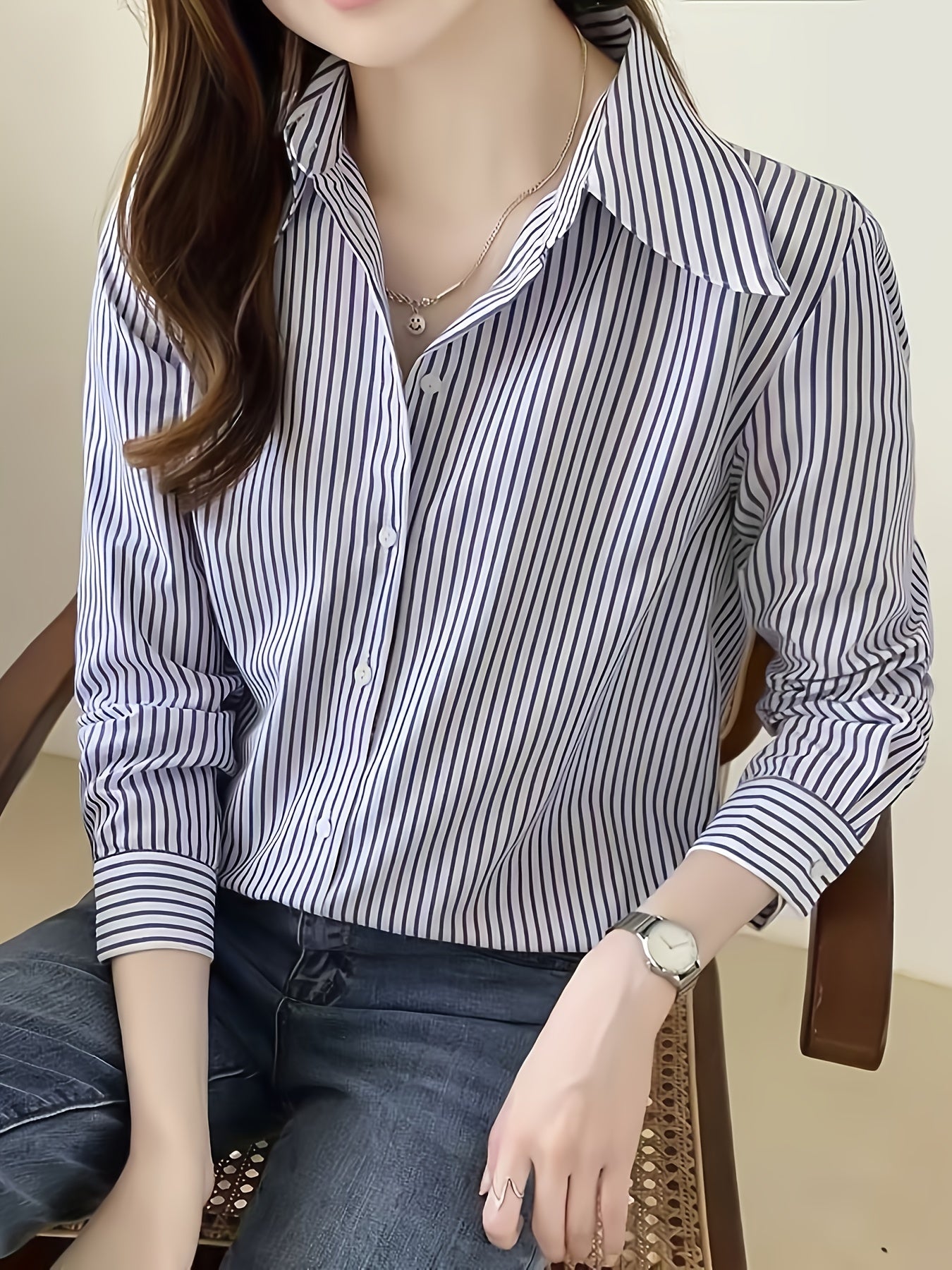 gbolsos Stripe Print Polo Collar Shirt, Casual Long Sleeve Shirt For Spring & Fall, Women's Clothing