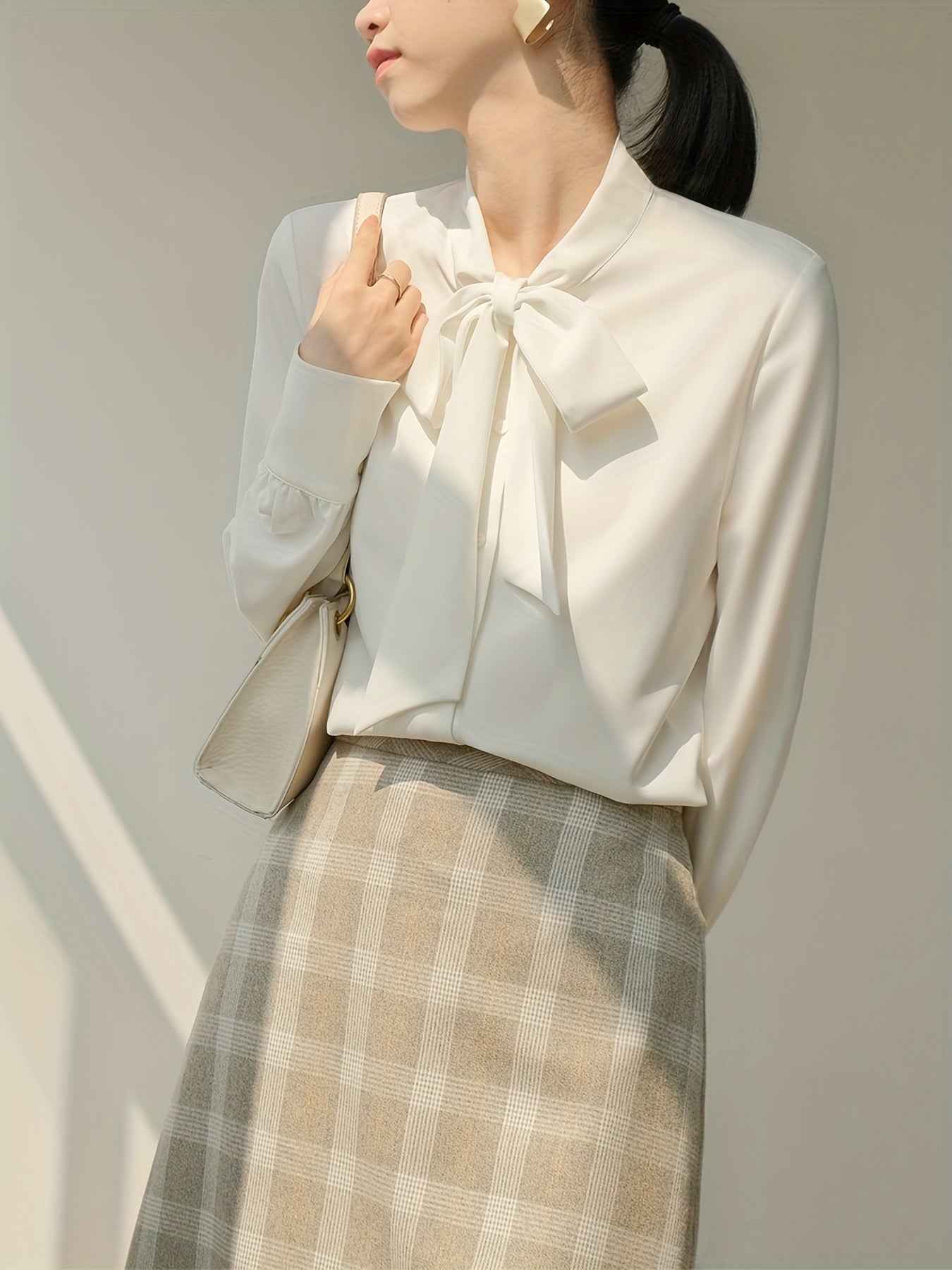 Tie Neck Solid Blouse, Casual Long Sleeve Work Office Blouse, Women's Clothing