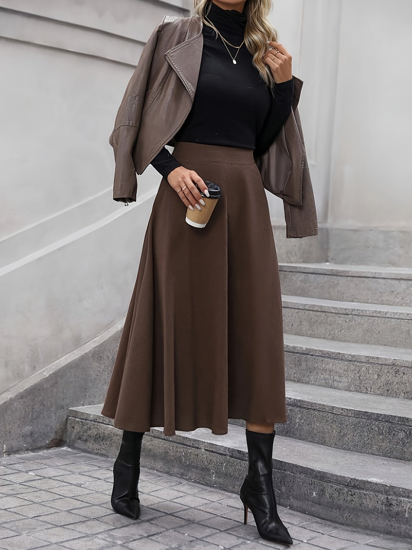 gbolsos Solid Ruffle Hem Skirt, Elegant High Waist Skirt For Fall & Winter, Women's Clothing
