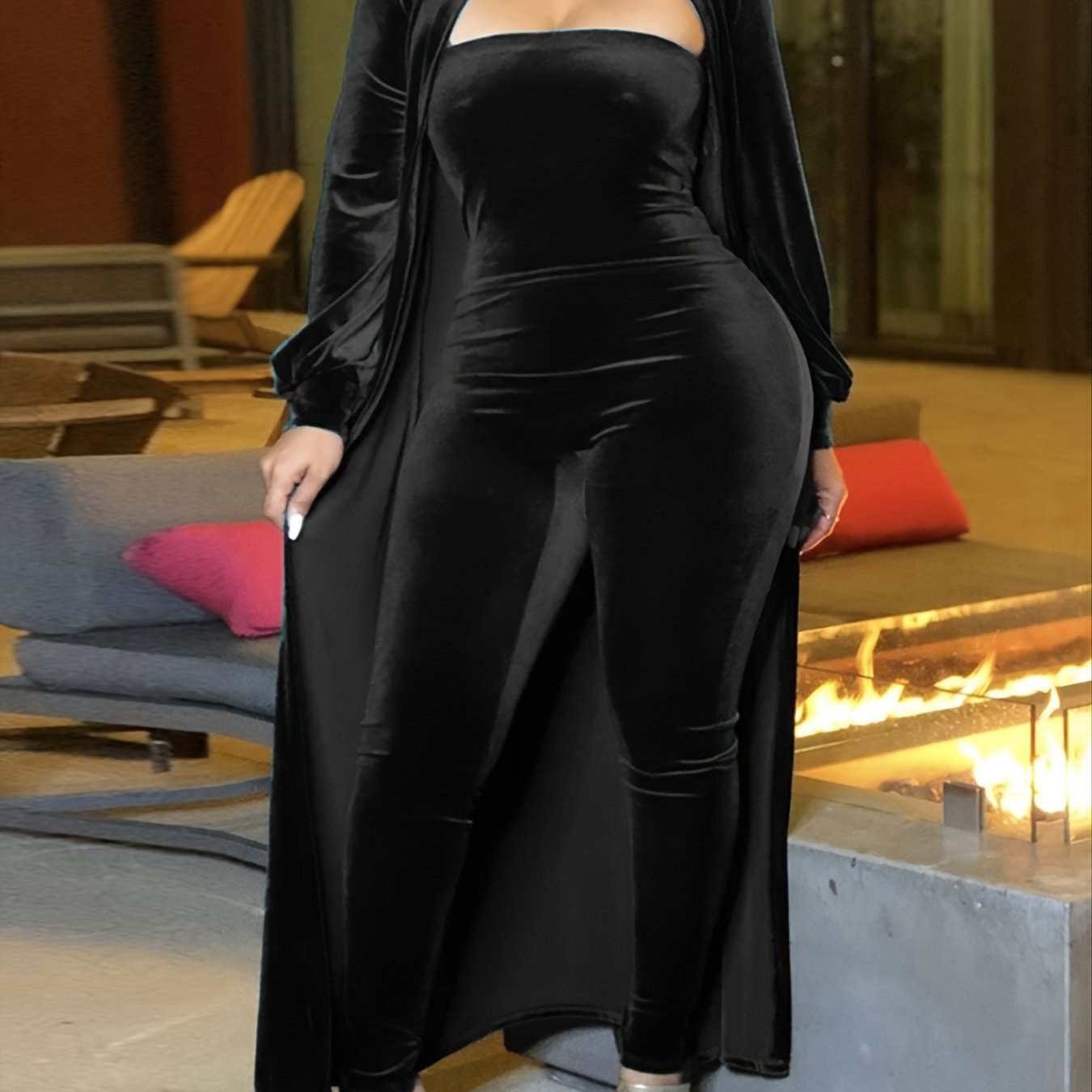 gbolsos Plus Size Velvet Jumpsuit & Coat Fuzzy Set, Women's Plus Solid Slight Stretch Two Pieces Set