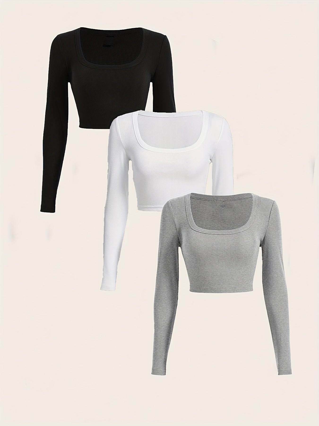 gbolsos 3 Packs Ribbed Square Neck Crop T-Shirts, Casual Long Sleeve Top For Spring & Fall, Women's Clothing