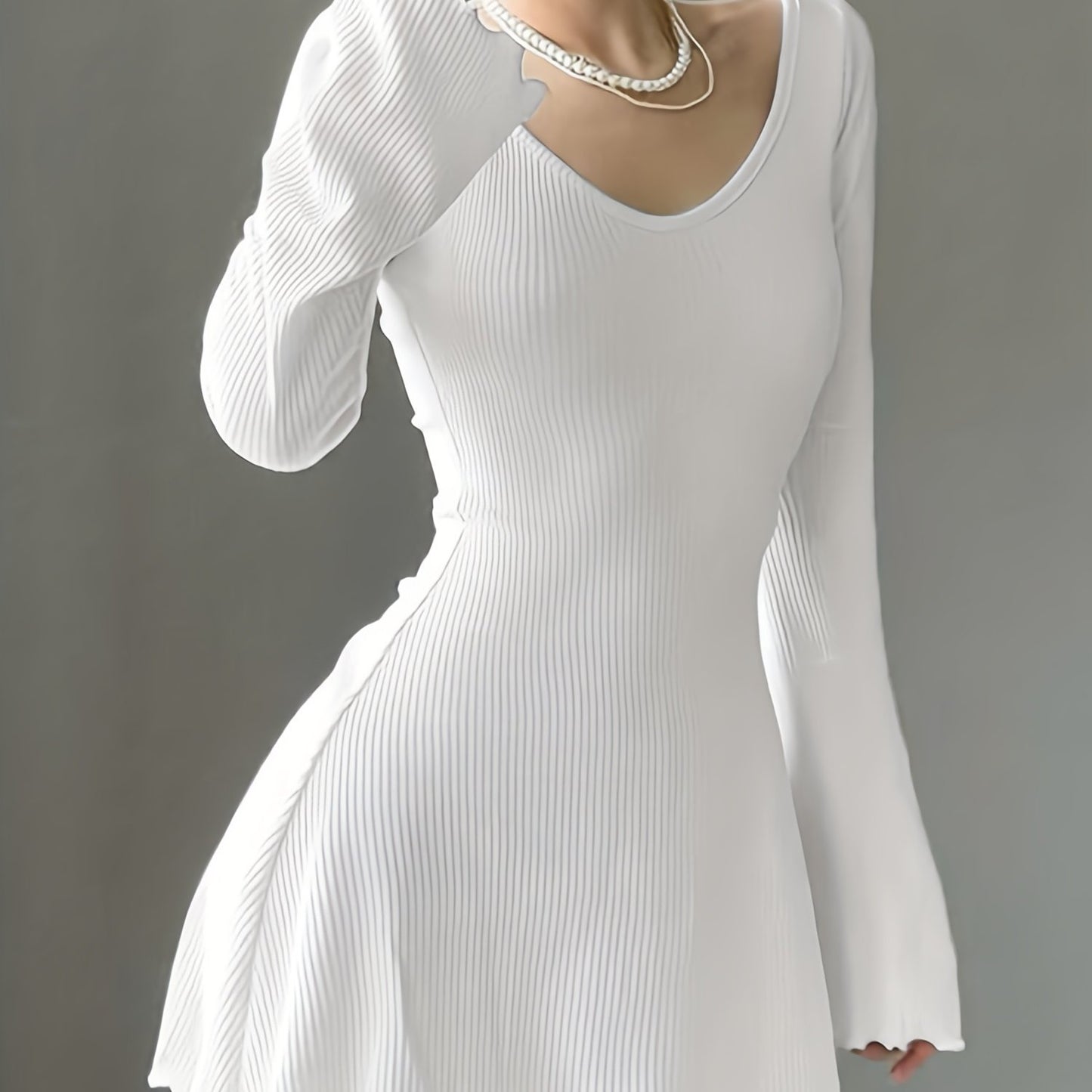 gbolsos Lettuce Trim Solid Dress, Elegant Crew Neck Long Sleeve Dress, Women's Clothing