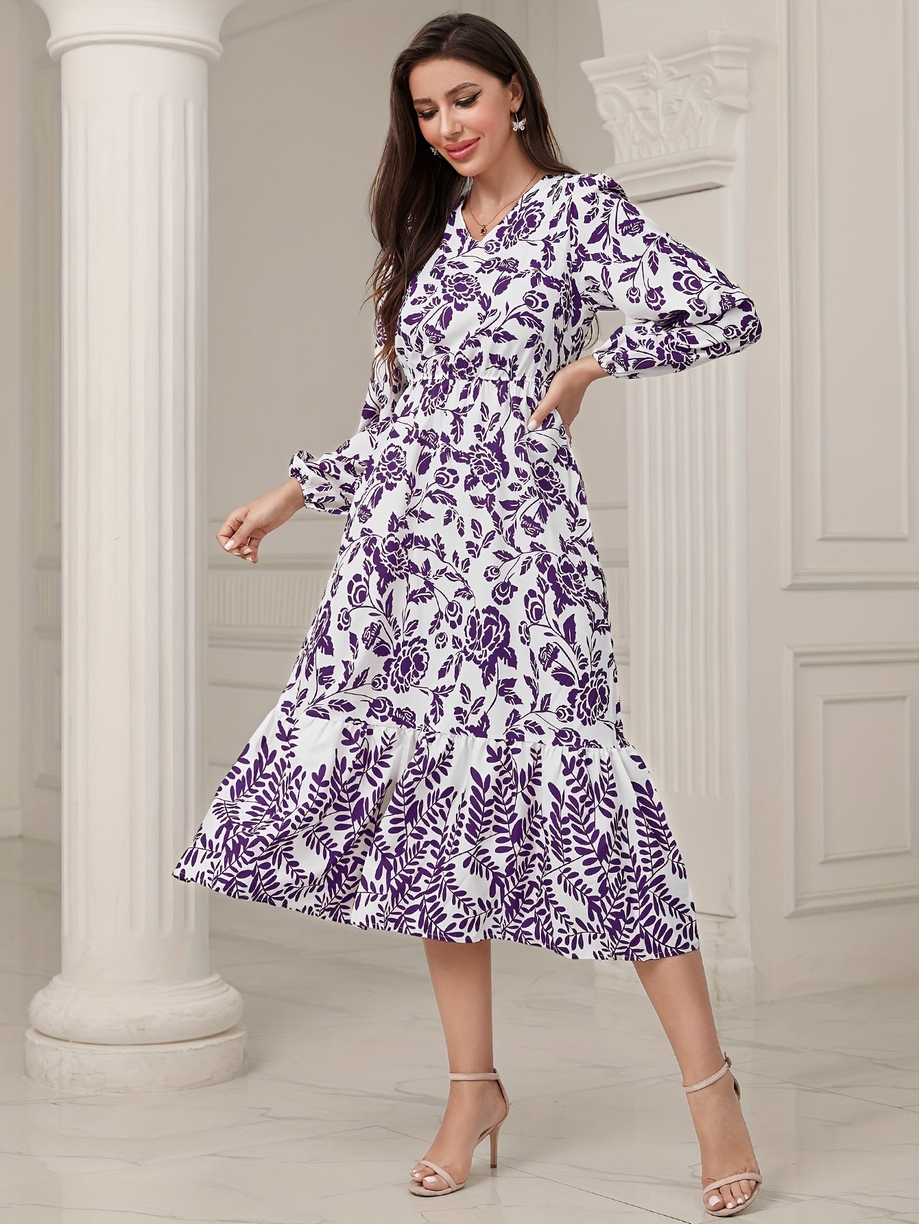 gbolsos Floral & Leaves Print V-neck Dress, Elegant Elastic Waist Long Sleeve Dress For Spring & Fall, Women's Clothing