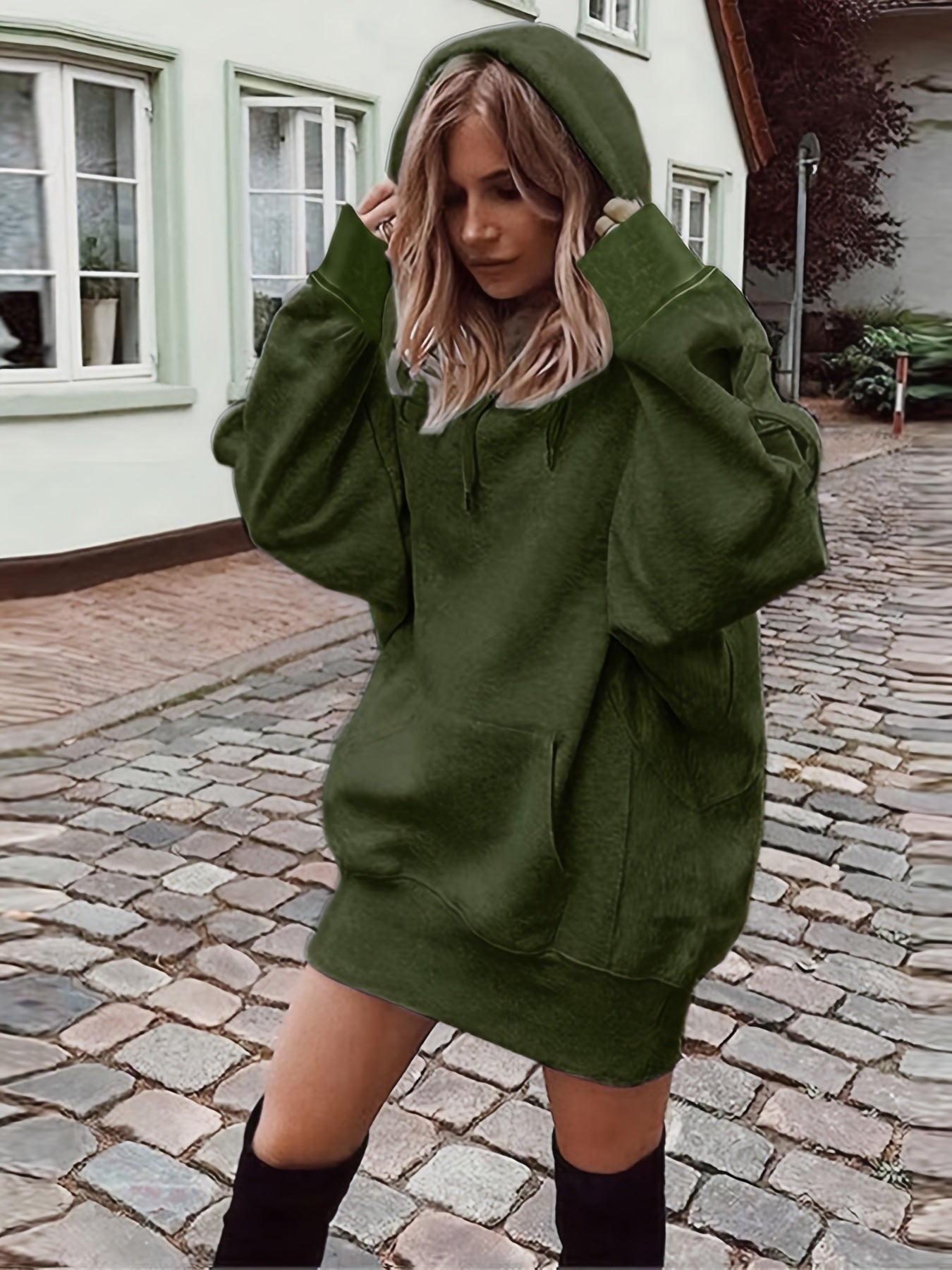 Solid Drawstring Hoodie, Casual Long Sleeve Drop Shoulder Hoodie, Women's Clothing