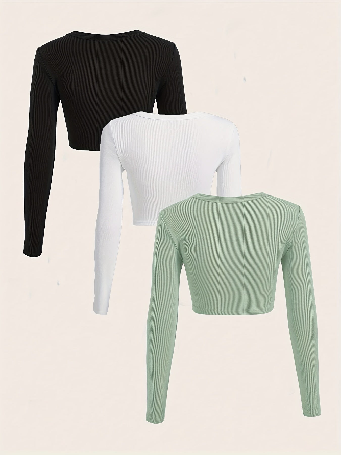 gbolsos 3 Packs Ribbed Square Neck Crop T-Shirts, Casual Long Sleeve Top For Spring & Fall, Women's Clothing