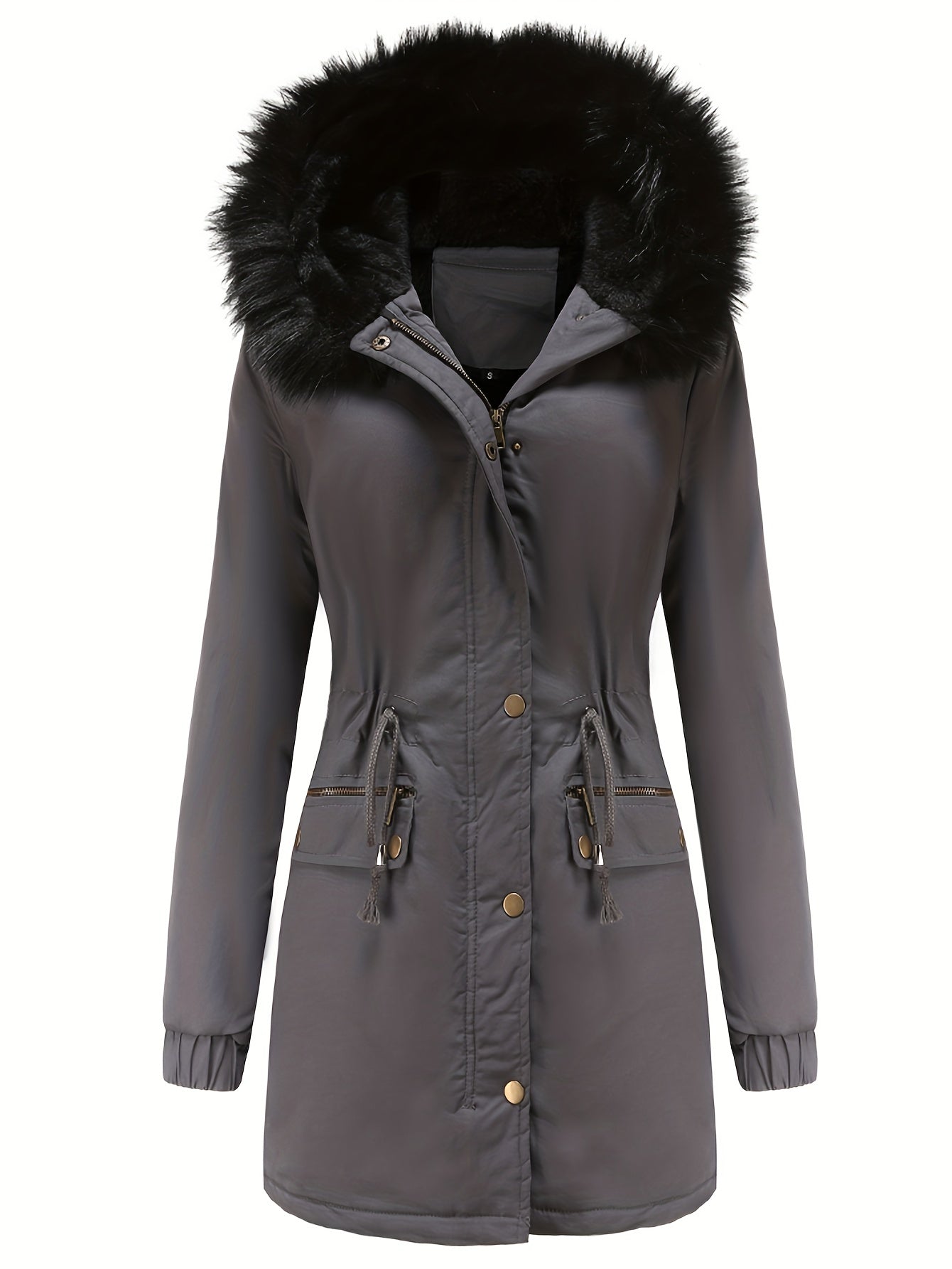 gbolsos Fluffy Trim Zip Up Jacket, Casual Long Sleeve Drawstring Winter Warm Outerwear, Women's Clothing