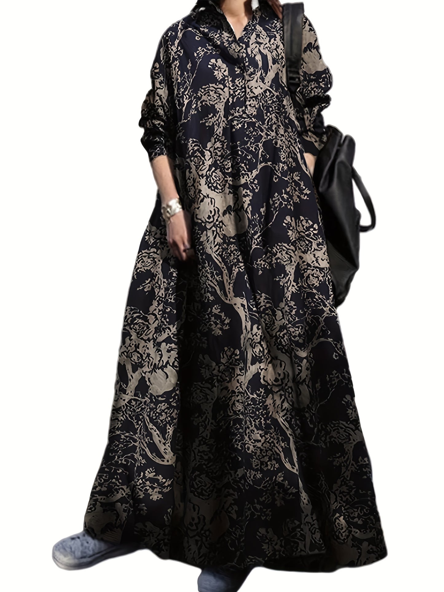 gbolsos Vintage Graphic Print V-neck Dress, Elegant Long Sleeve Maxi Dress For Spring & Fall, Women's Clothing