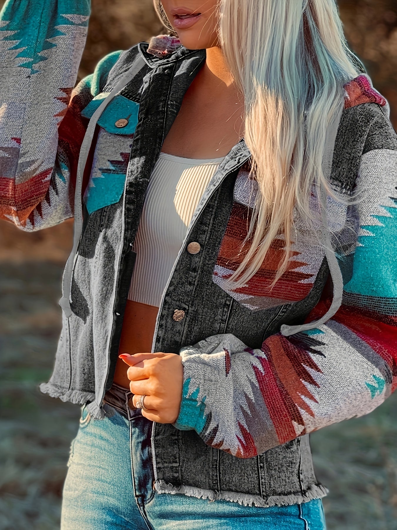 gbolsos Multicolor Aztec Print Frayed Hem Denim Jacket, Street Pockets Loose Outerwear, Women's Clothing