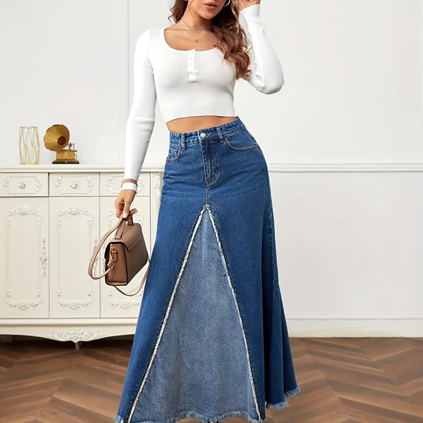 gbolsos Two Tone Patchwork Denim Midi Skirt, Frayed Hem Slant Pockets Chic Denim Skirt, Women's Denim Clothing