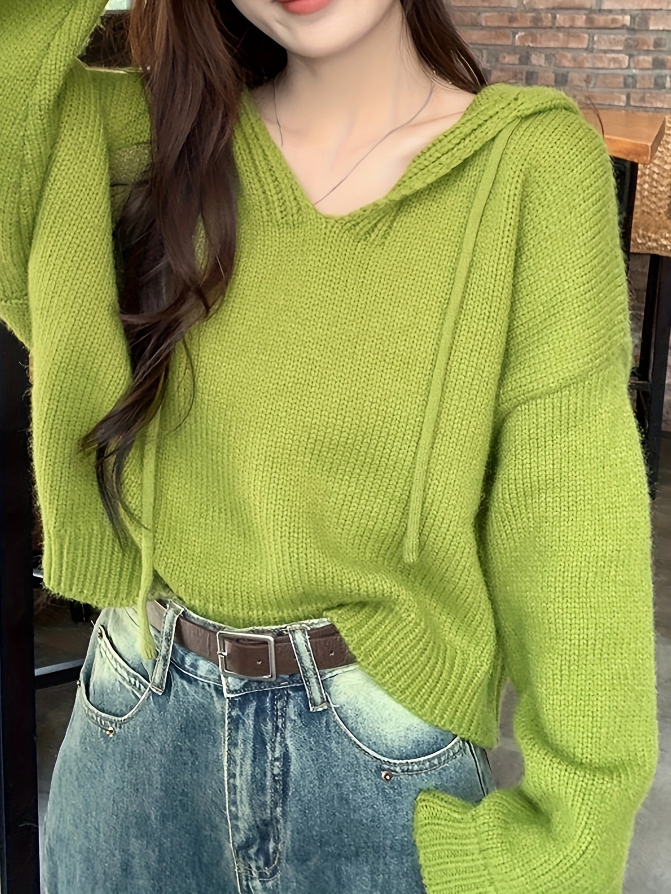gbolsos Solid Drawstring Hooded Sweater, Casual Long Sleeve Drop Shoulder Loose Sweater, Women's Clothing
