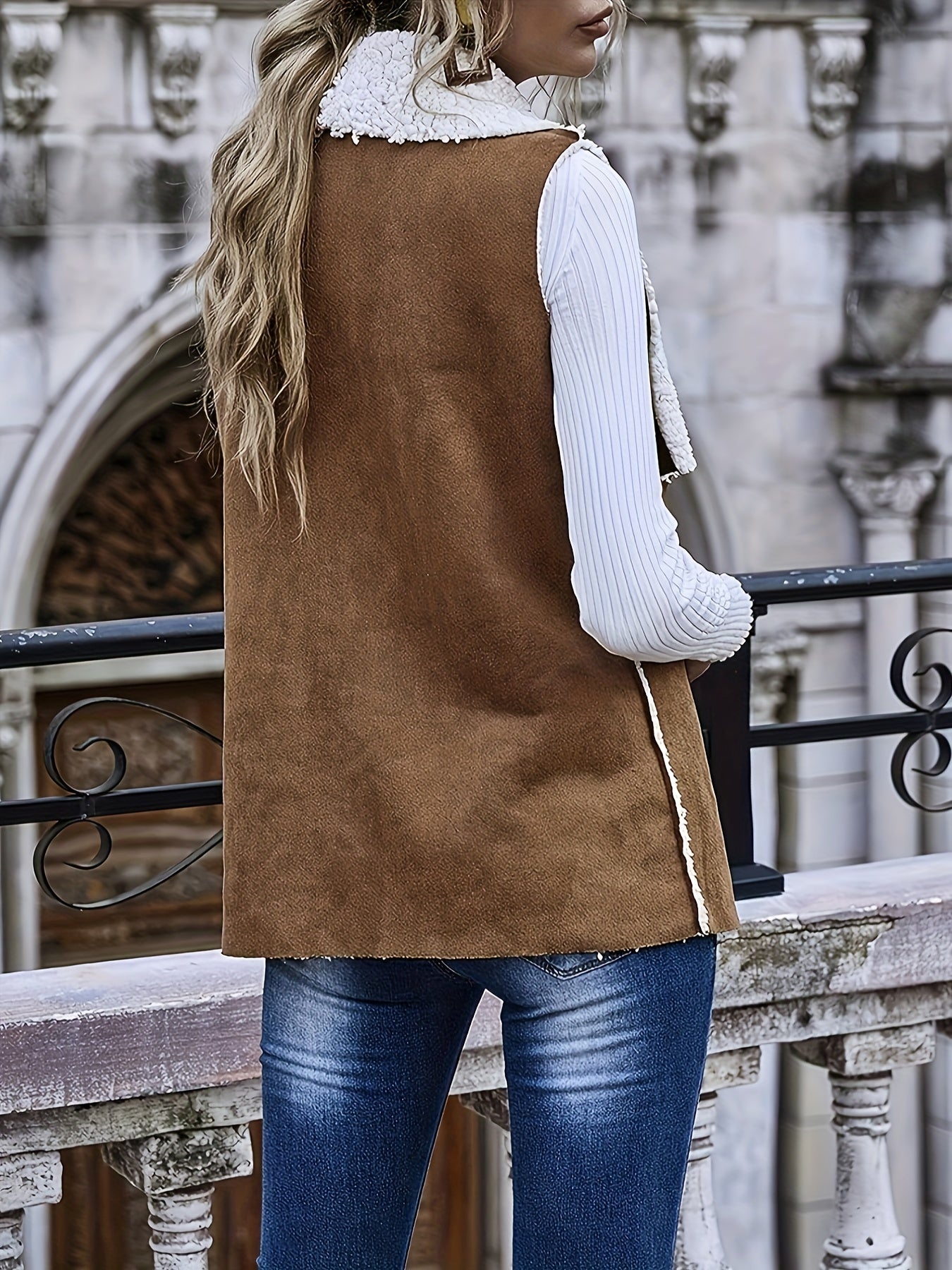 gbolsos Waterfall Collar Solid Vest, Casual Open Front Sleeveless Vest, Women's Clothing