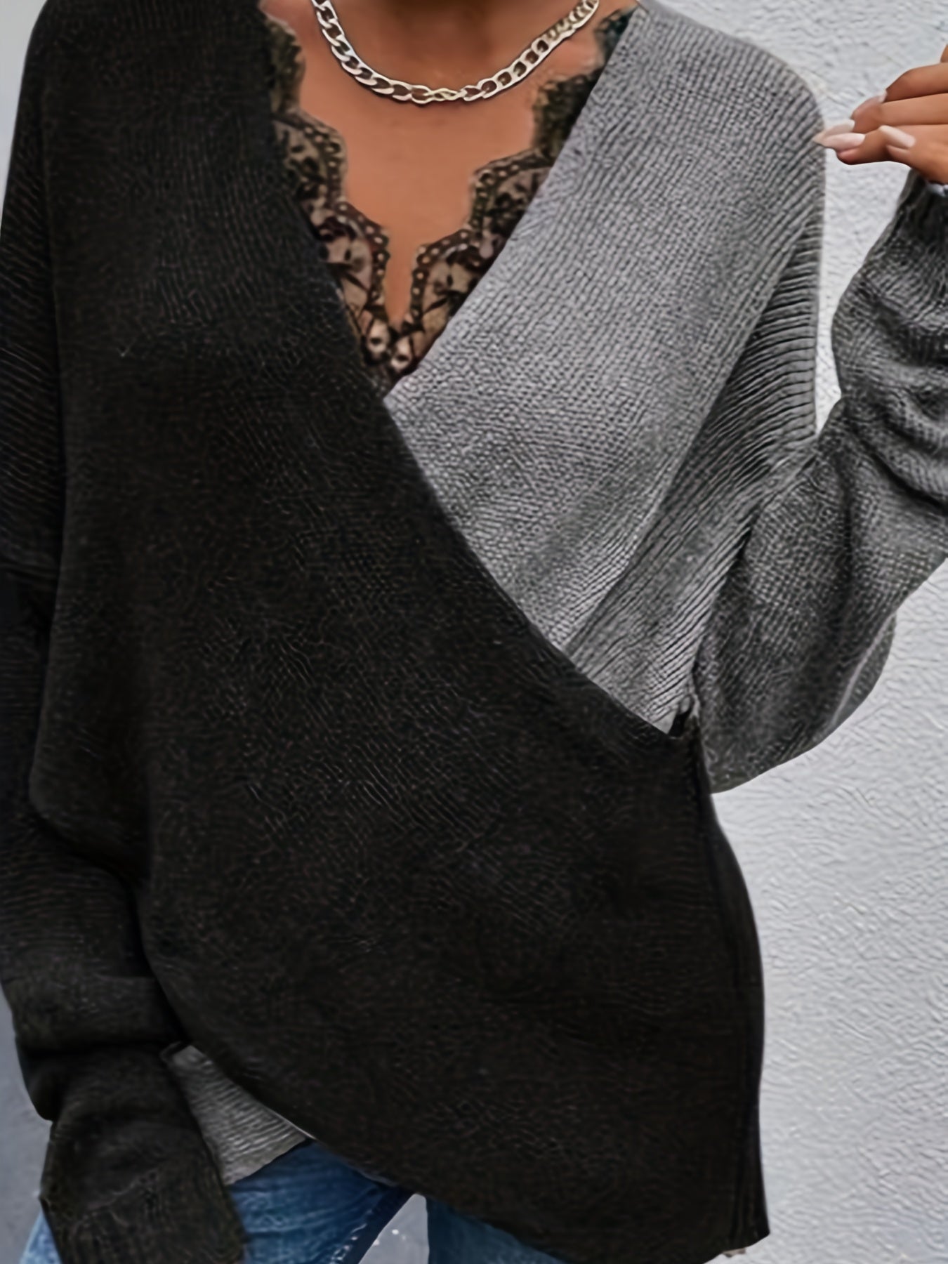 gbolsos Contrast Lace Color Block Knit Sweater, Casual V Neck Long Sleeve Sweater, Women's Clothing