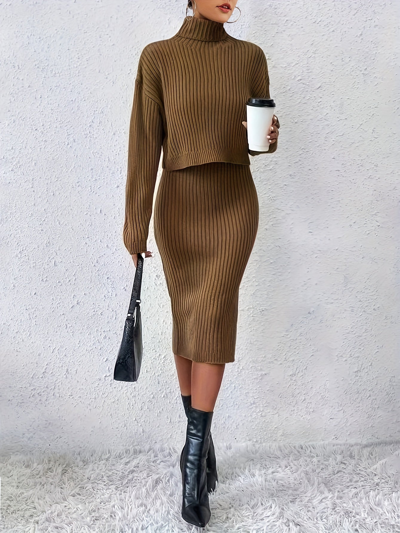 gbolsos Casual Sweater Two-piece Set, Turtleneck Long Sleeve Tops & Sleeveless Bodycon Dress Outfits, Women's Clothing