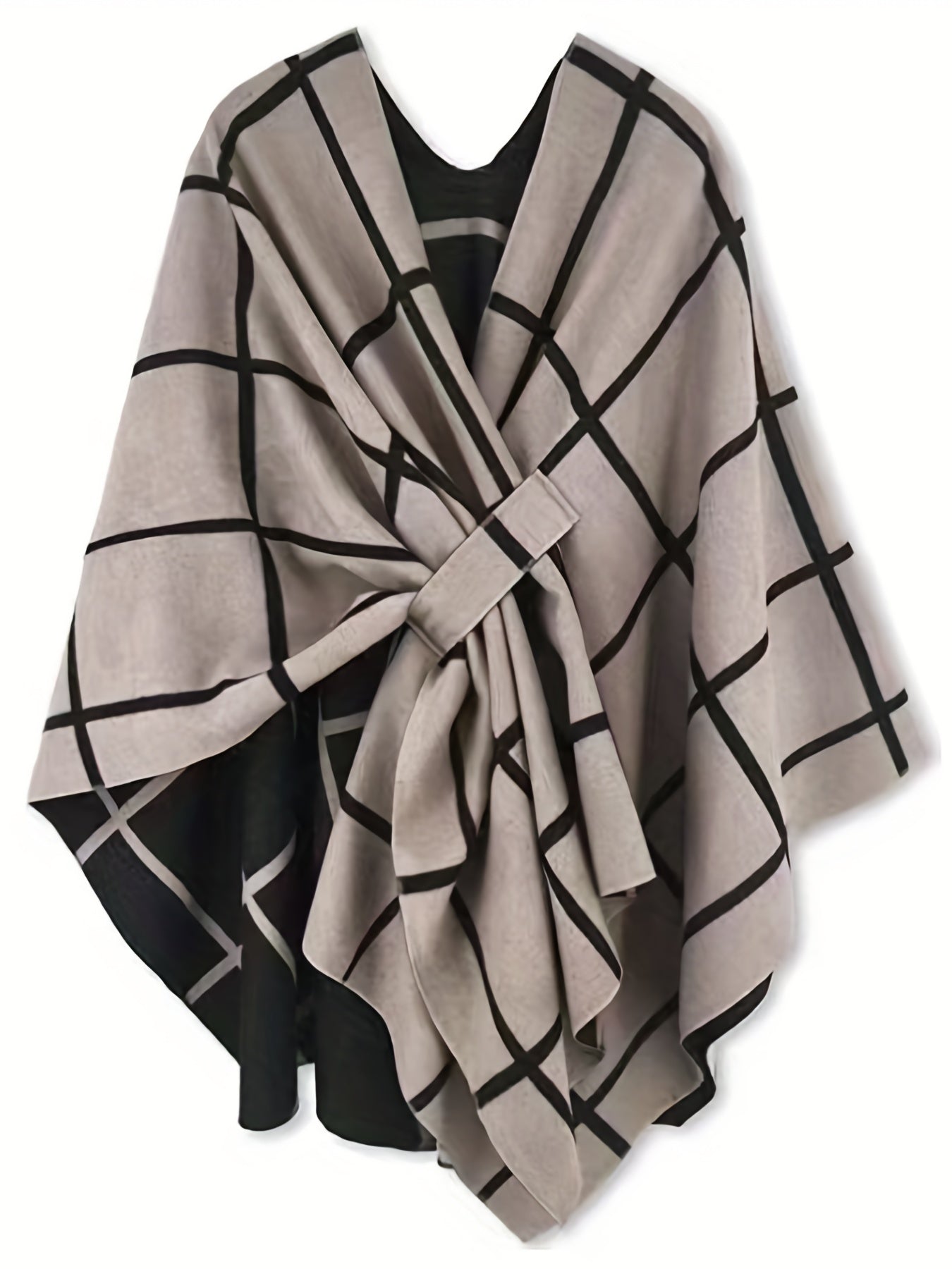 Plus Size Elegant Coat, Women's Plus Grid Print Batwing Sleeve Open Front Shawl Cape Coat