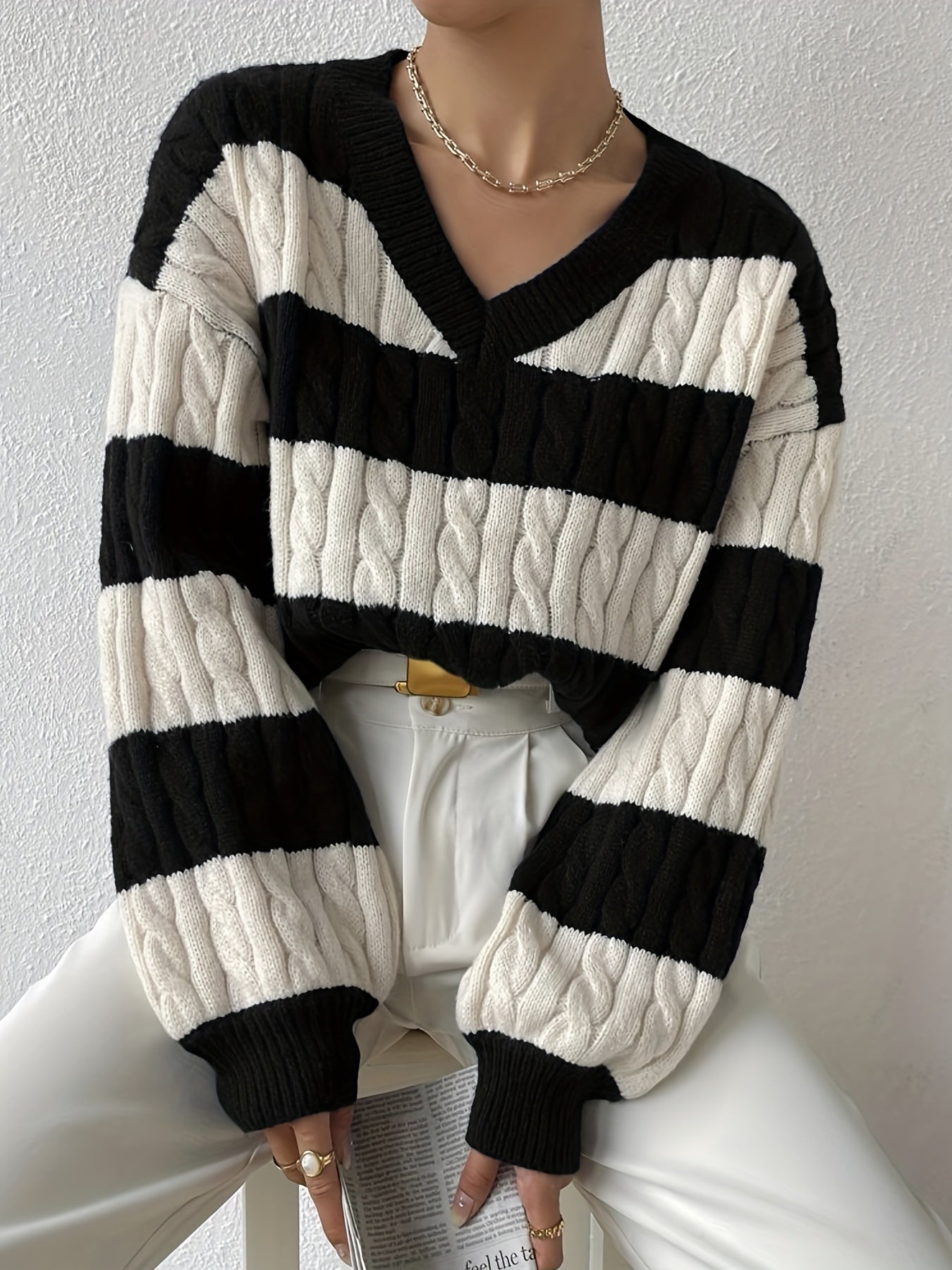 gbolsos Color Block Drop Shoulder Sweater, Casual Long Sleeve Sweater For Fall & Winter, Women's Clothing