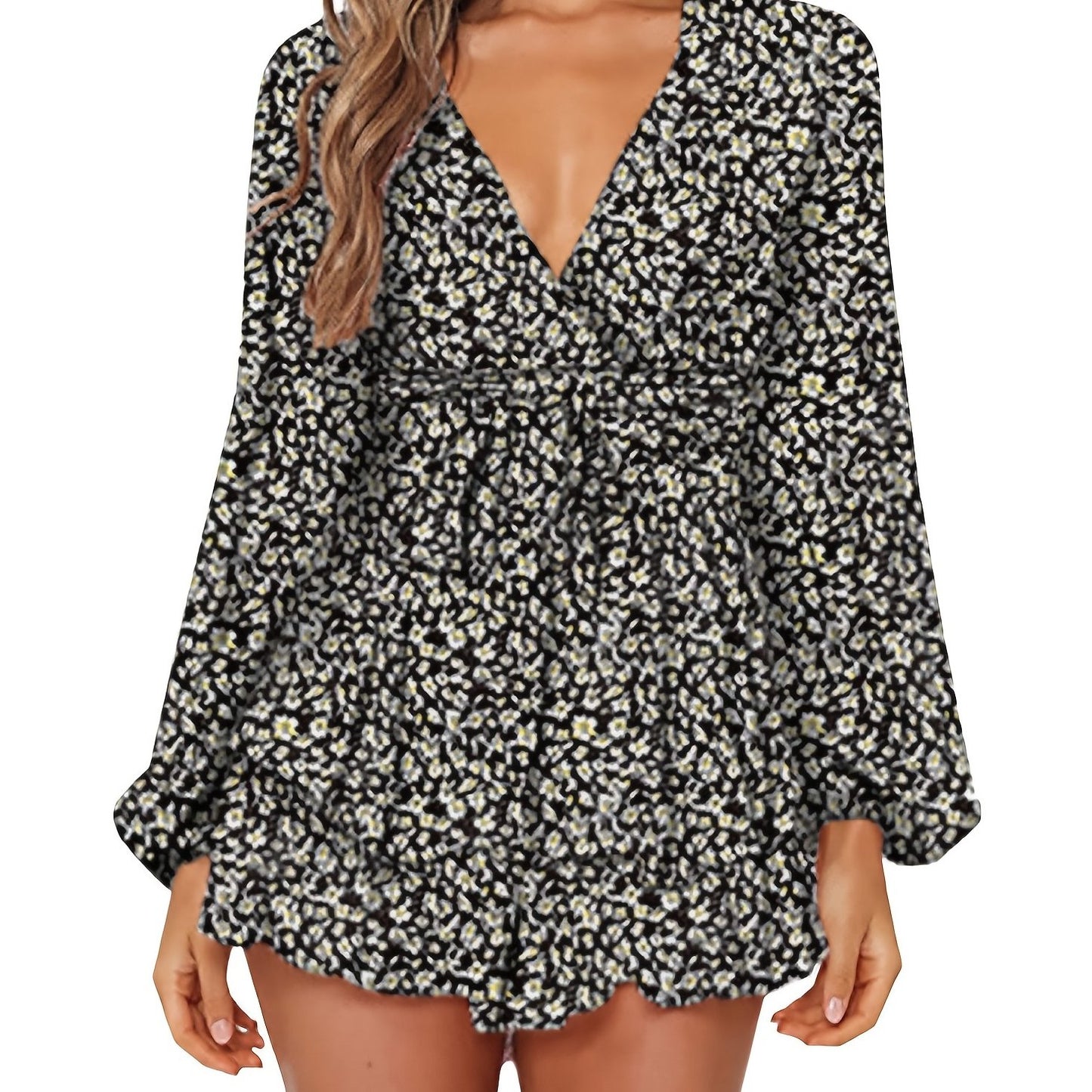 elveswallet Ladies Polka-dot V-neck Jumpsuits, Long Sleeve Ruffle Hem Romper Playsuit, Casual Every Day Romper, Women's Clothing