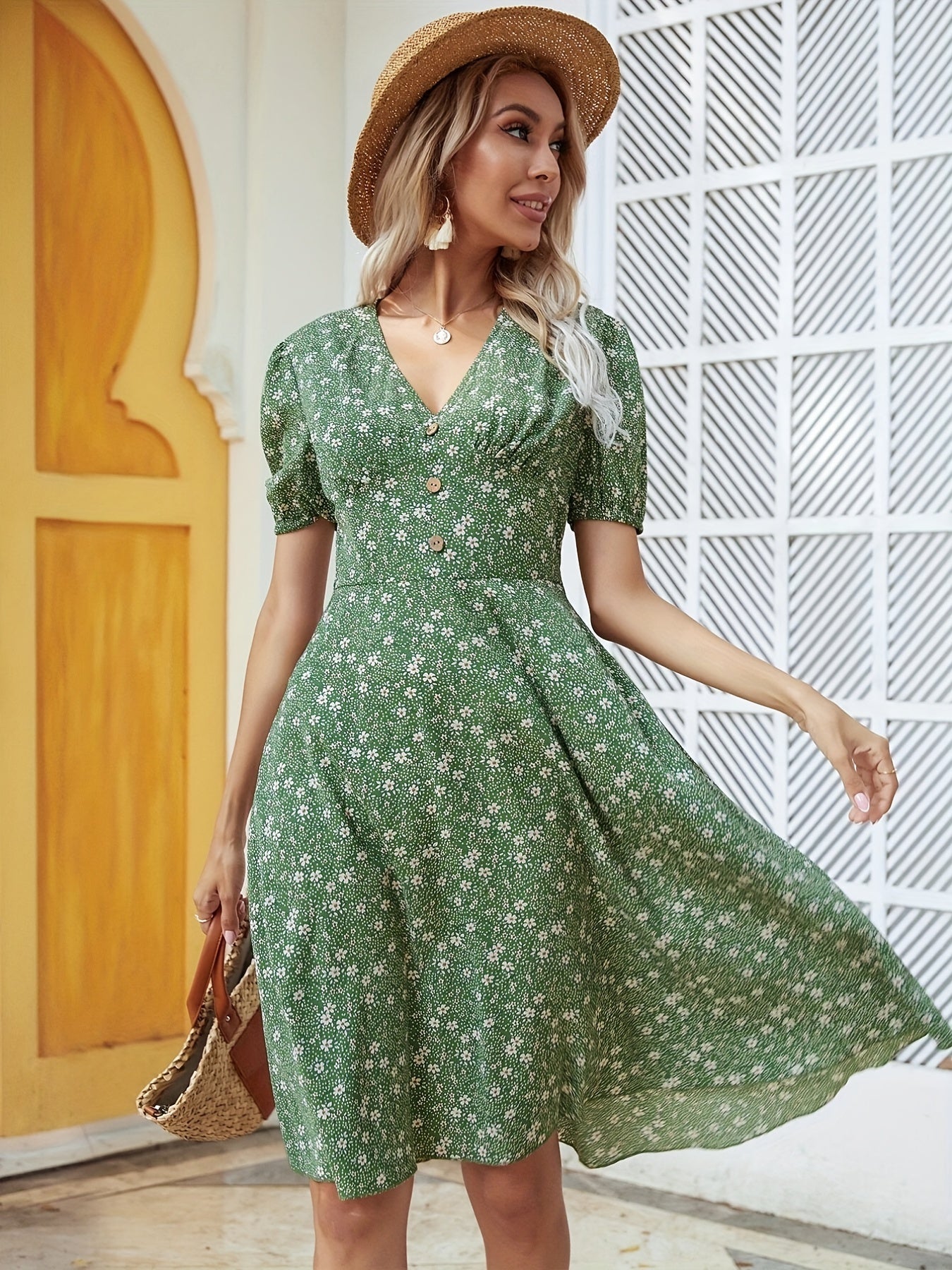 gbolsos Floral Print Button V Neck Dress, Casual Short Sleeve Dress For Spring & Summer, Women's Clothing