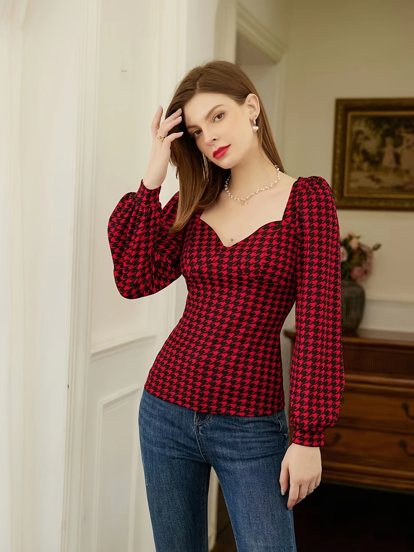 gbolsos Off The Shoulder Elegant Lantern Sleeve T-Shirt, Houndstooth Print Top For Autumn And Winter, Women's Clothing