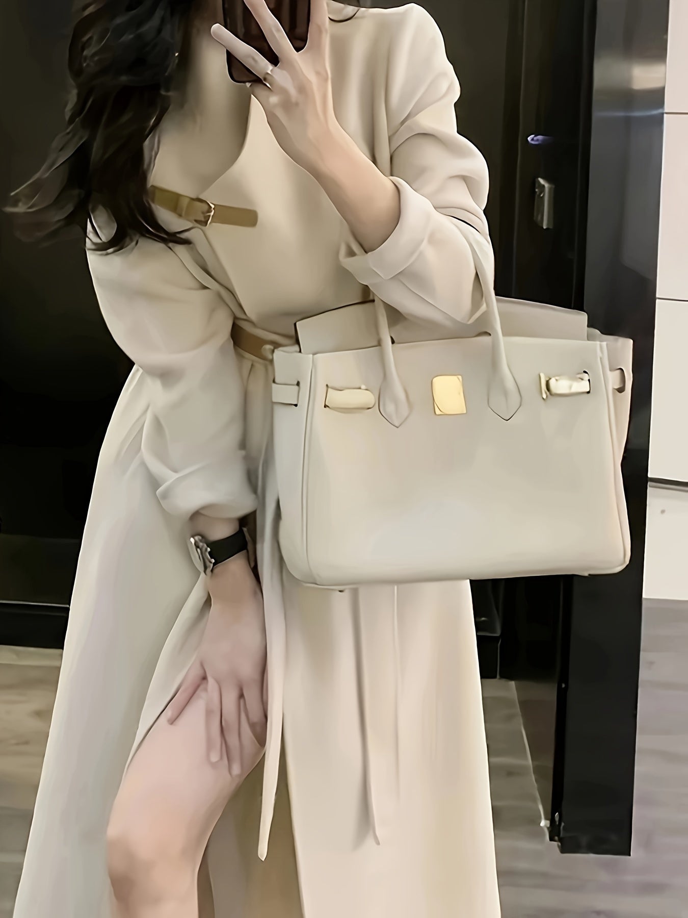 gbolsos Solid Open Front Overcoat, Elegant Long Sleeve Belted Outwear For Fall & Winter, Women's Clothing