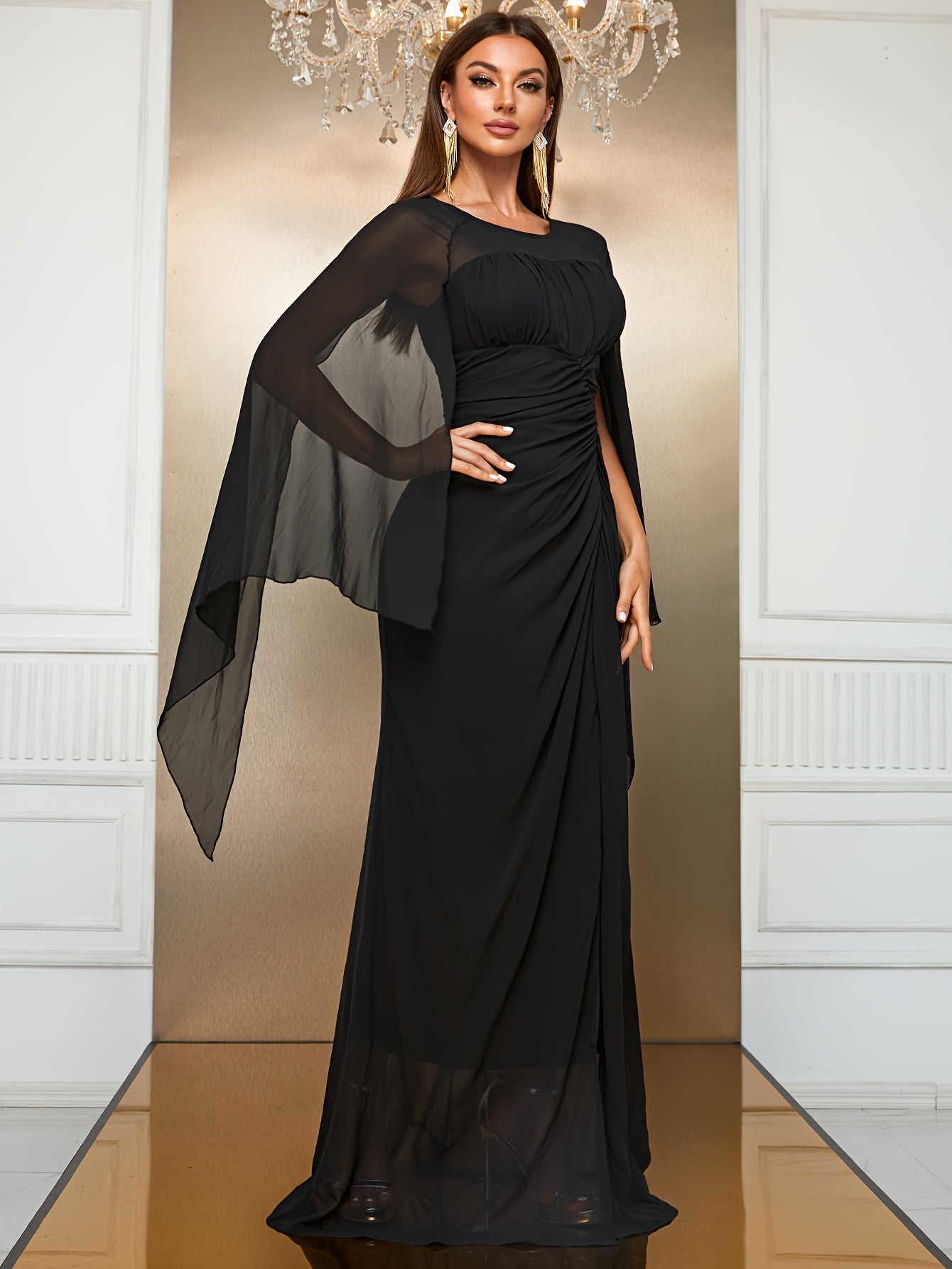 gbolsos Cloak Sleeve Ruched Split Thigh Chiffon Dress, Crew Neck Elegant Dress, Women's Clothing