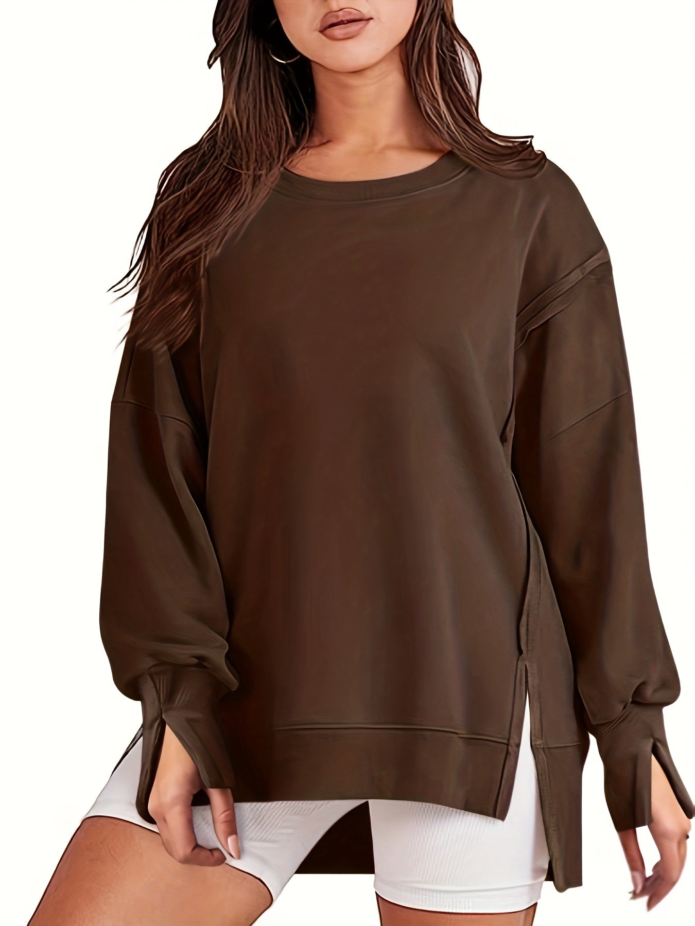 Top-stitching Dipped Hem Pullover Sweatshirt, Casual Long Sleeve Crew Neck Sweatshirt For Fall & Winter, Women's Clothing