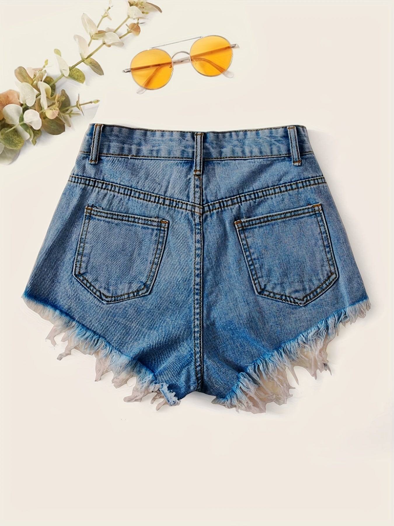 gbolsosHigh Waist Distressed Ripped Shorts, Raw Hem Slash Pockets Vintage Denim Pants, Women's Denim Jeans & Clothing