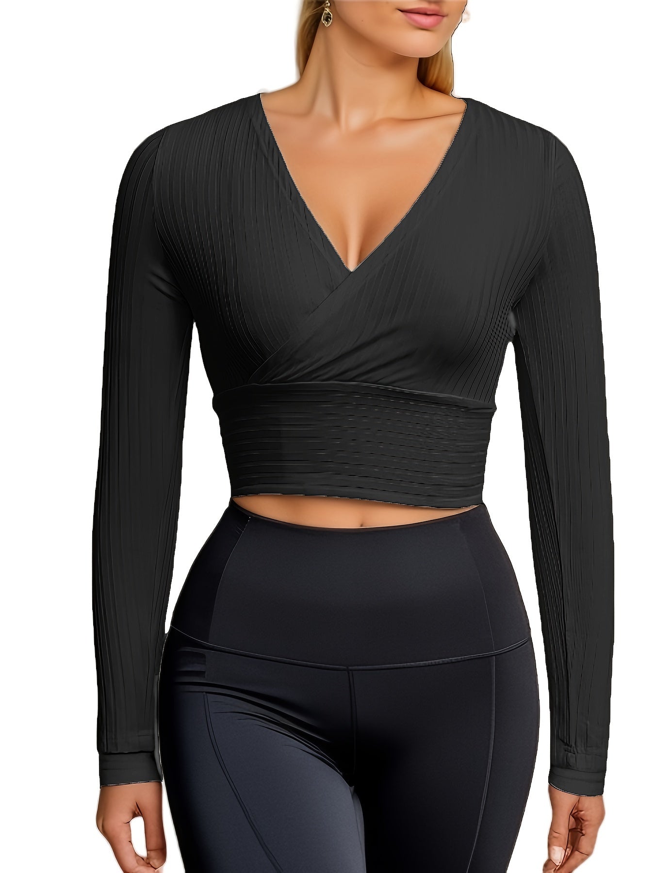 gbolsos Ribbed Solid Deep V Neck Long Sleeve Cross Wrap Crop Tops , Women's Clothings