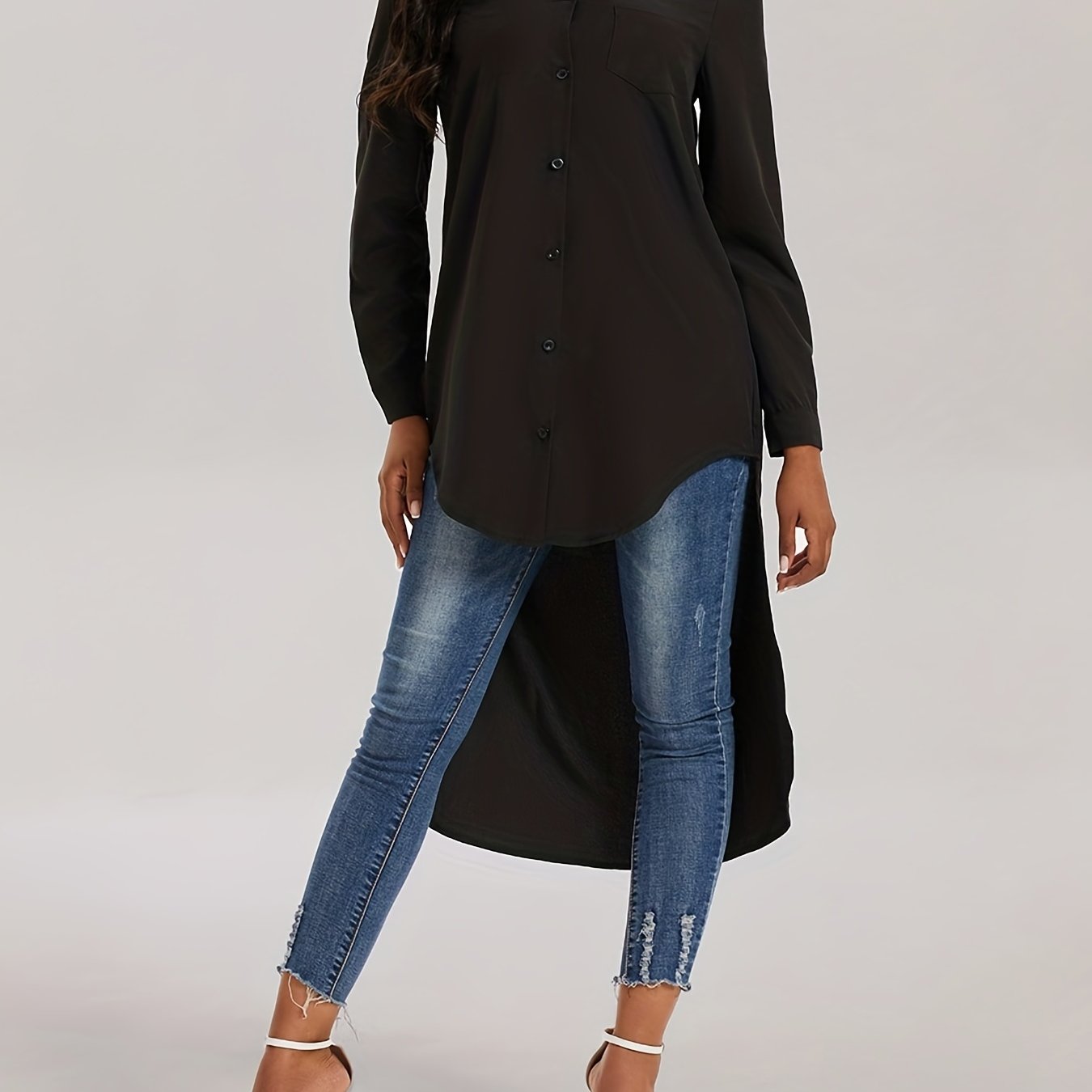 gbolsos Solid Long Sleeve Button Down Lapel Irregular Hem Shirt, Elegant Pockets Stylish Comfy Shirt, Women's Clothing