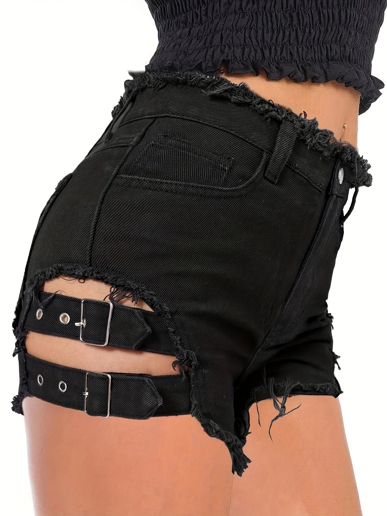 gbolsosBlack Ripped Holes Denim Shorts, Raw Hem Distressed Slash Pockets Short Denim Pants, Women's Denim Jeans & Clothing