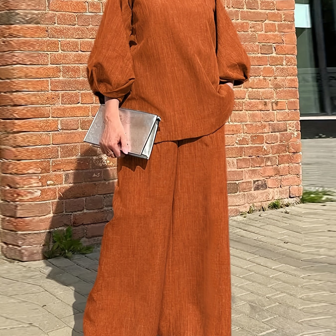 Solid Casual Two-piece Set, V Neck Lantern Sleeve Tops & Wide Leg Pants Outfits, Women's Clothing