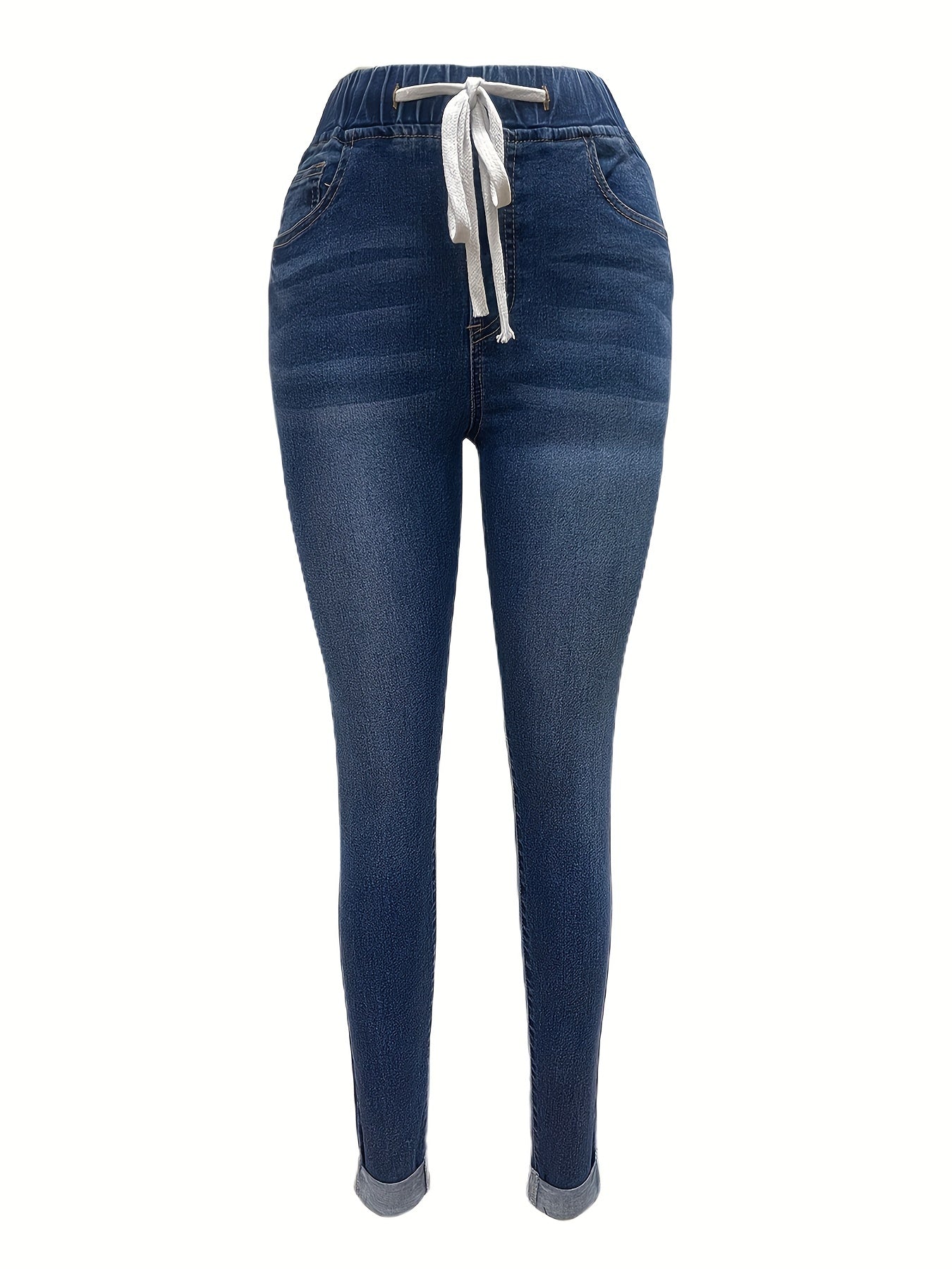 gbolsos Navy Blue Drawstring Skinny Jeans, Slim Fit Elastic Waist High Stretch Tight Jeans, Women's Denim Jeans & Clothing