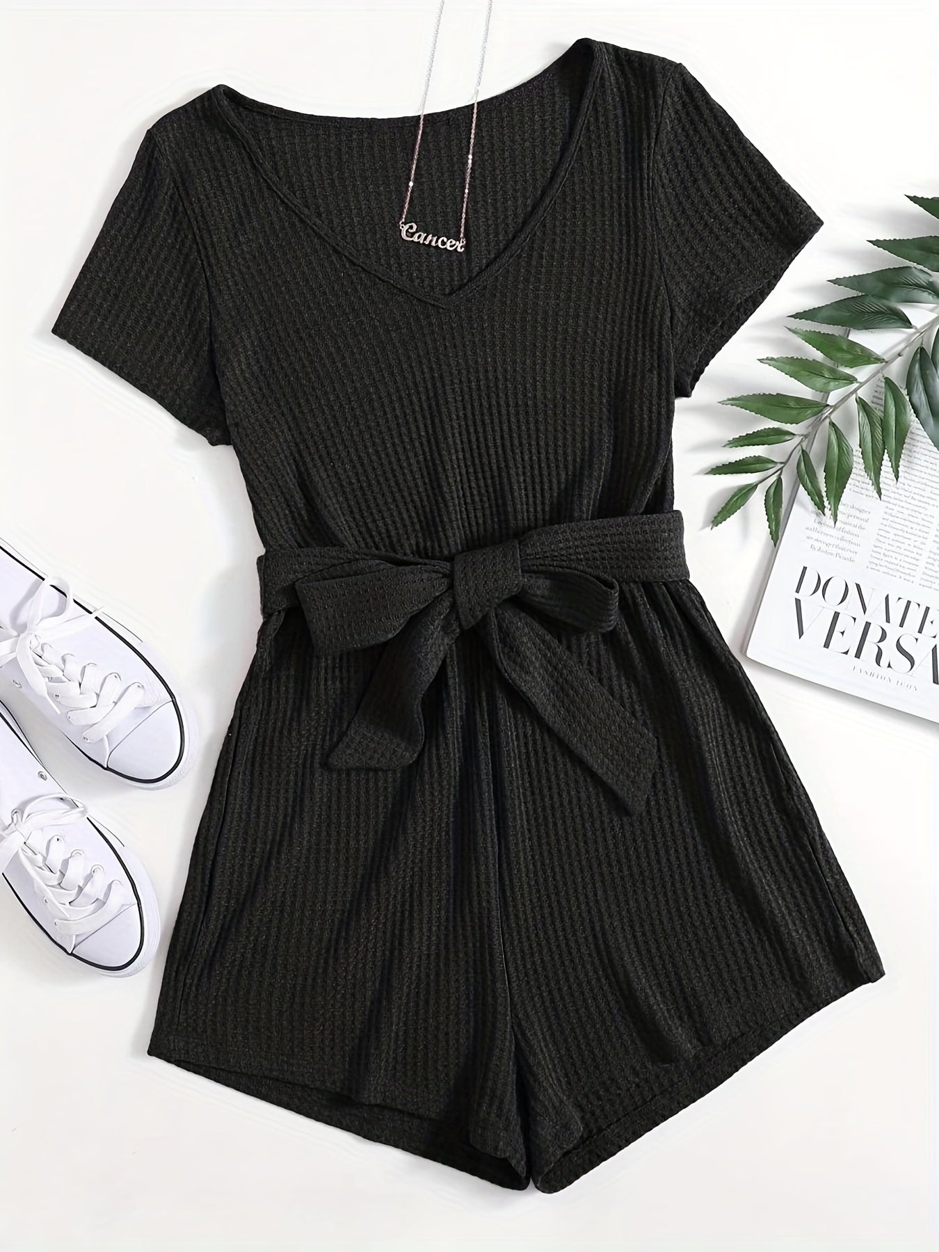 elveswallet Waffle Knit Short Sleeve Jumpsuit, V Neck Casual Jumpsuit For Summer & Spring, Women's Clothing