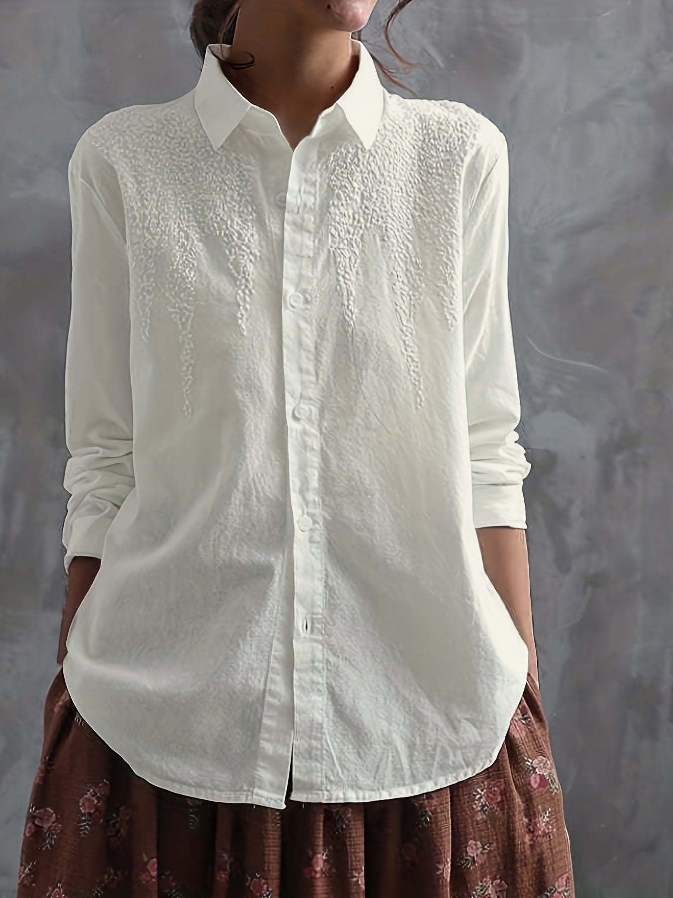 gbolsos Embroidered Solid Shirt, Casual Button Front Long Sleeve Collared Shirt, Women's Clothing