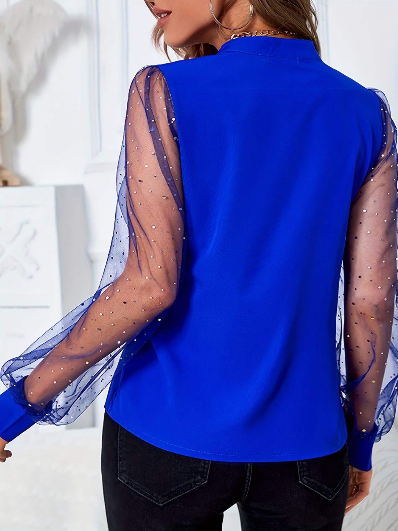 gbolsos Solid Sheer Sleeve Blouse, Elegant V Neck Blouse For Spring & Fall, Women's Clothing