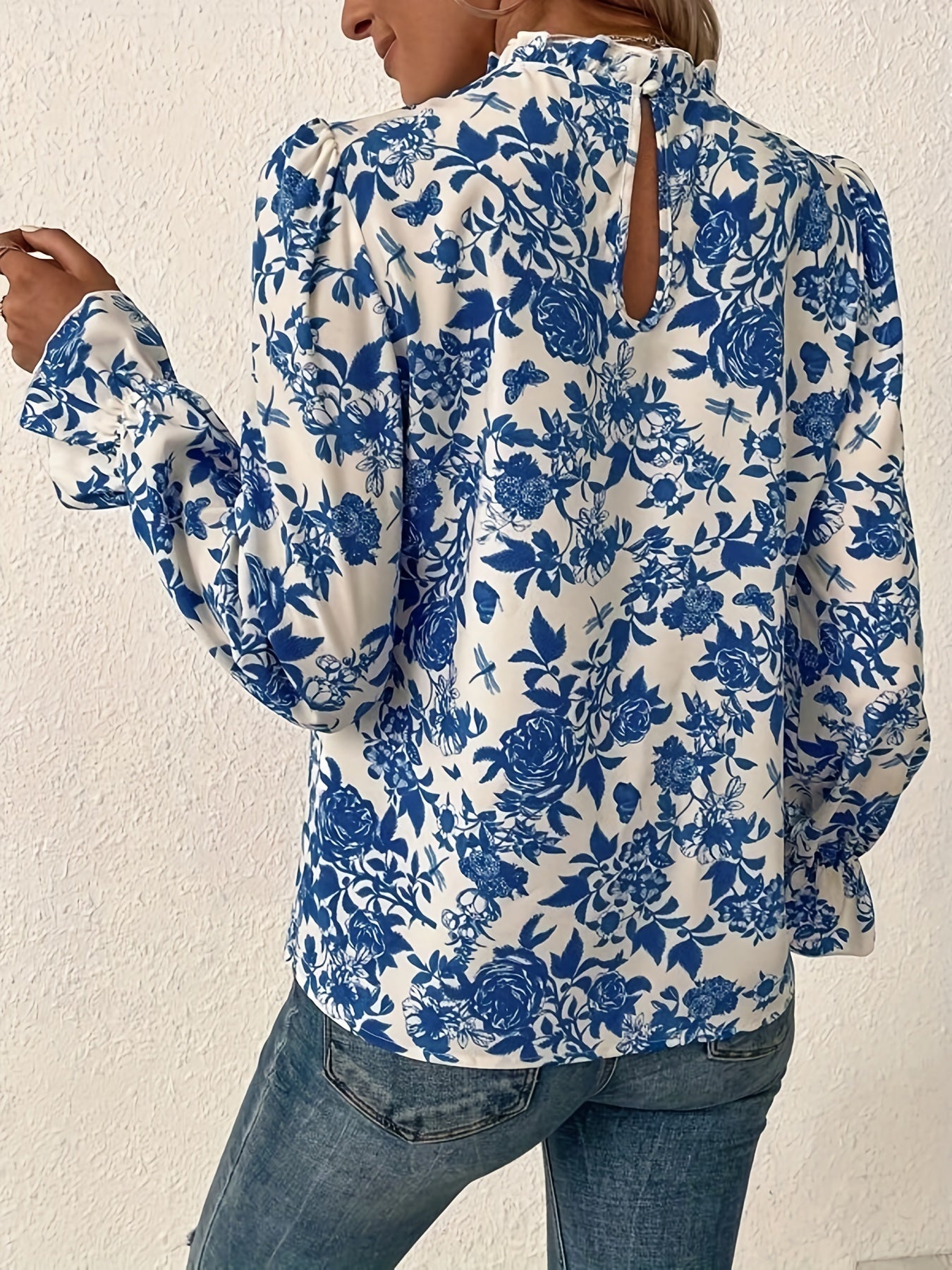 gbolsos Floral Print Keyhole Blouse, Casual High Neck Ruffle Long Sleeve Blouse, Women's Clothing