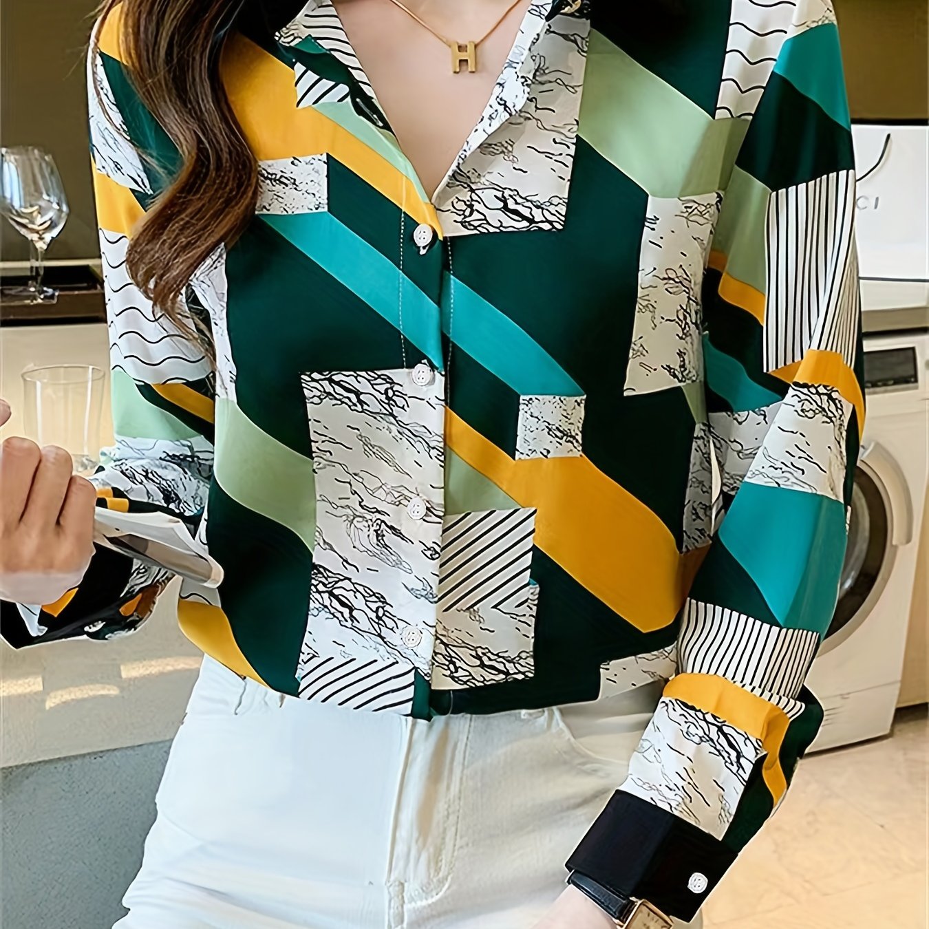 gbolsos Colorblock Geometric Print Polo Collar Shirt, Casual Long Sleeve Shirt For Spring & Fall, Women's Clothing