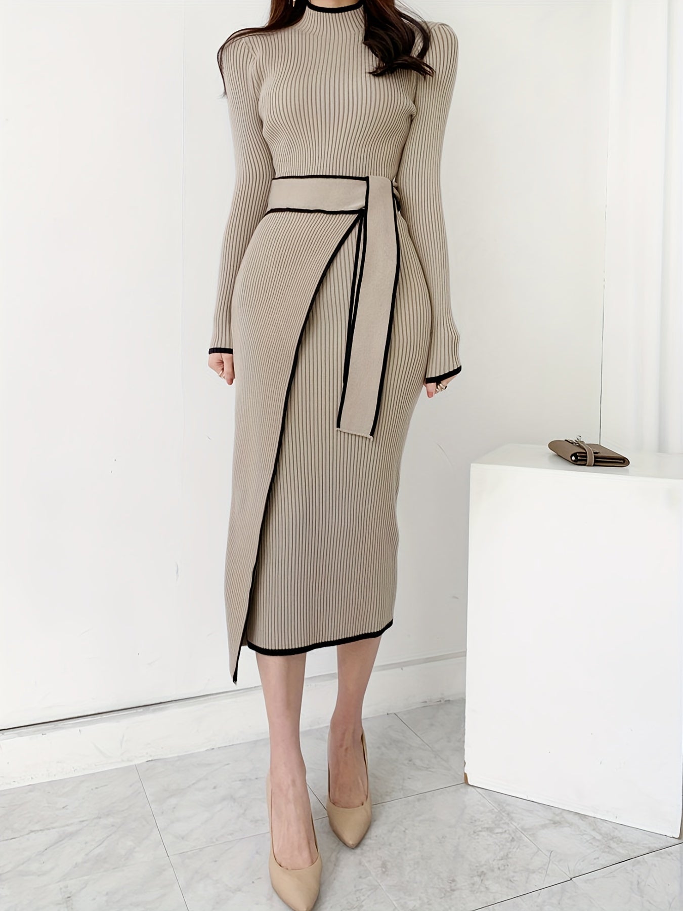 Contrast Trim Ribbed Dress, Elegant Mock Neck Long Sleeve Midi Dress, Women's Clothing