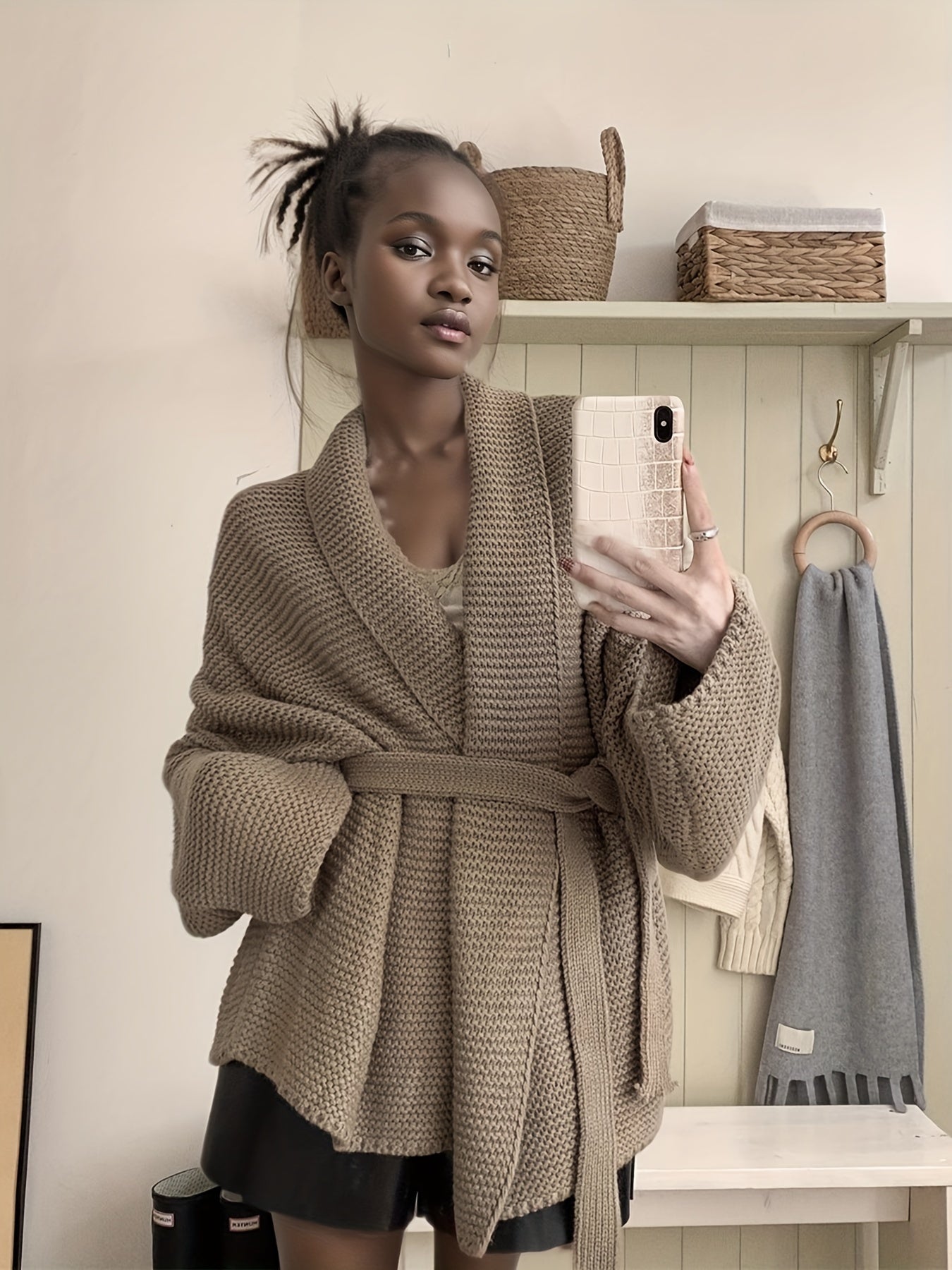 gbolsos Solid Open Front Belted Knit Cardigan, Vintage Long Sleeve Thick Loose Sweater, Women's Clothing